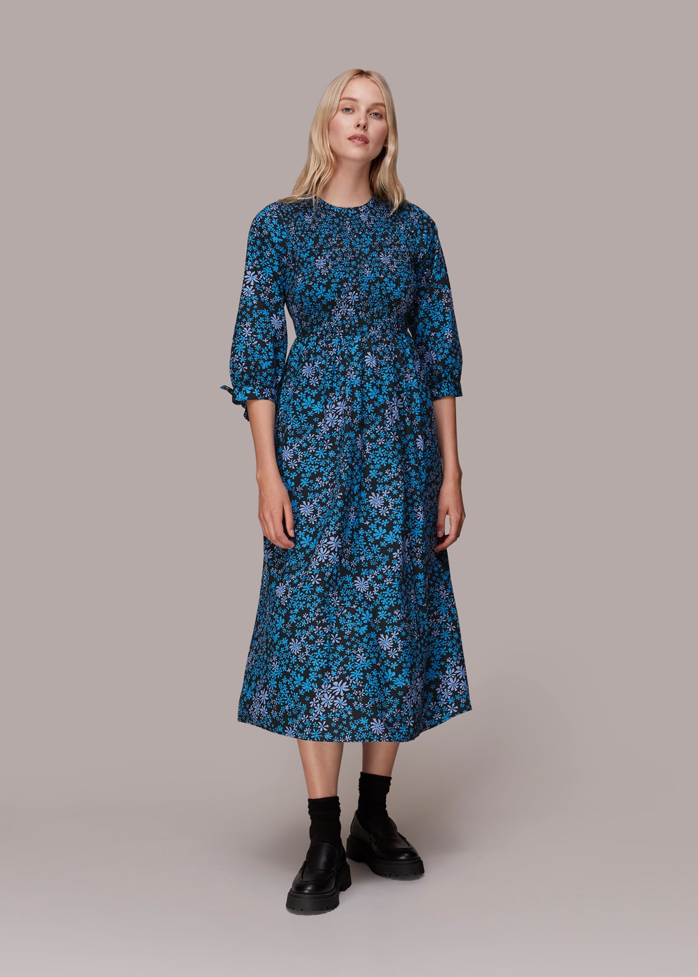 Whistles Women's Blue/Multi Boho Floral Shirred Dress Size 6