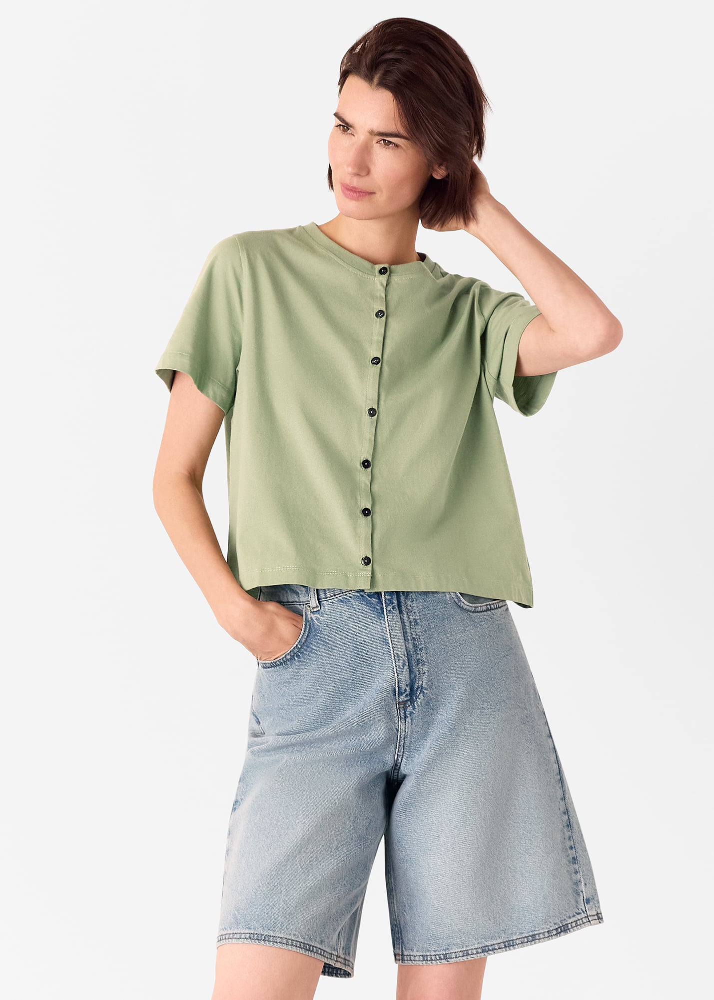 Whistles Women's Sage Green Round Neck Button Up Tee Size L