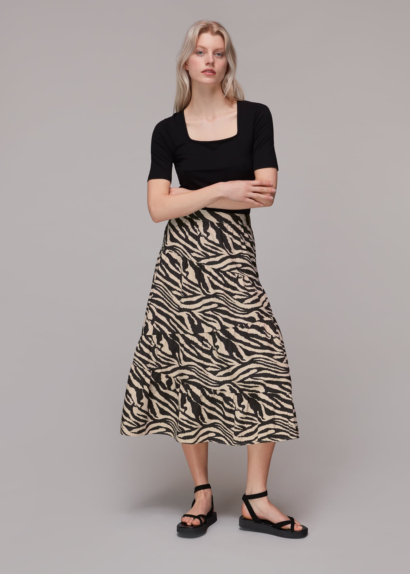 Whistles Women's Multicolour Mountain Zebra Tiered Skirt Size 6