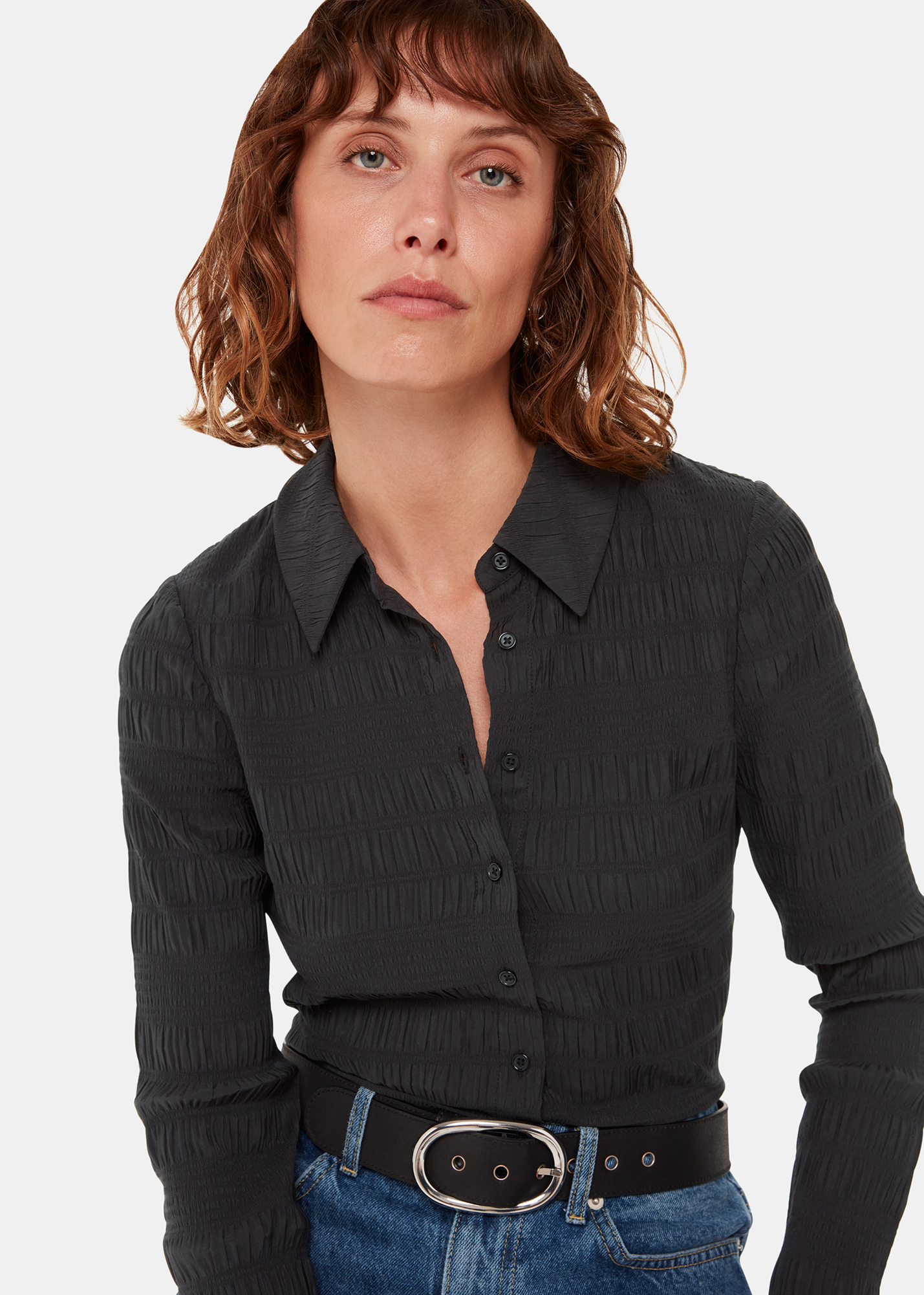 Whistles Women's Black Plisse Button Front Shirt Size 6