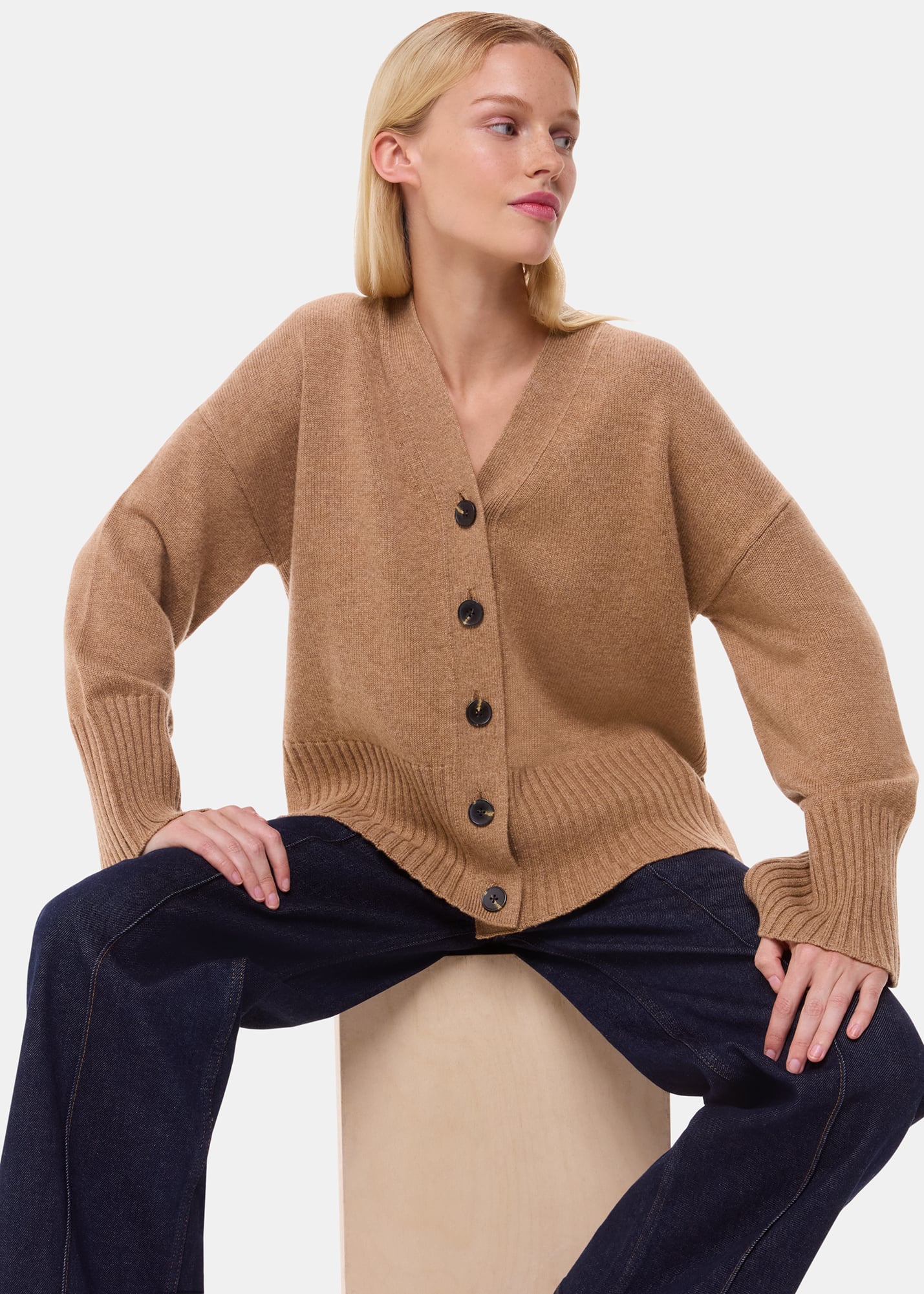 Whistles Women's Camel Cashmere Blend Ribbed Cardigan Size XS