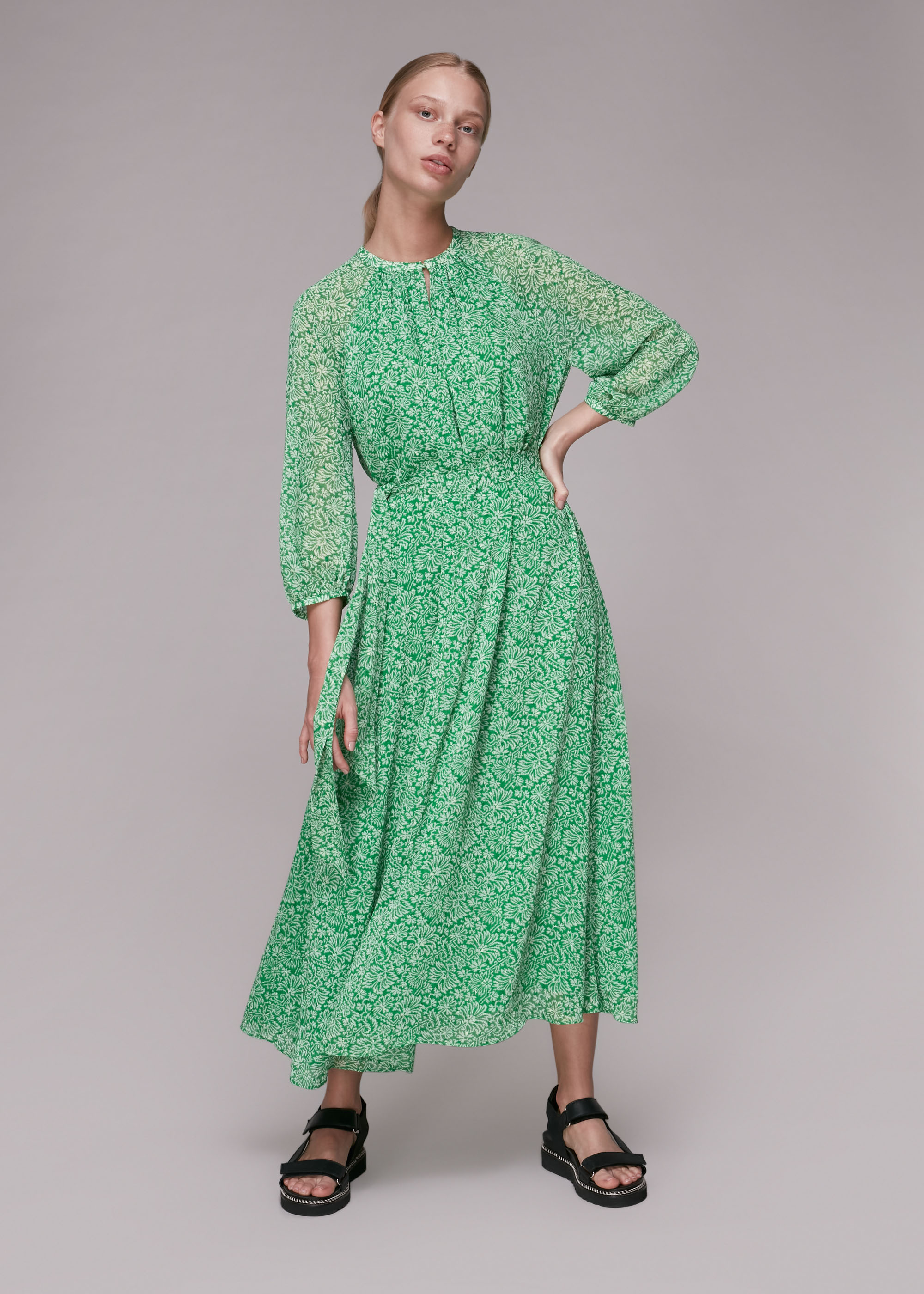 Whistles Women's Green/Multi Indo Floral Trapeze Dress Size 4