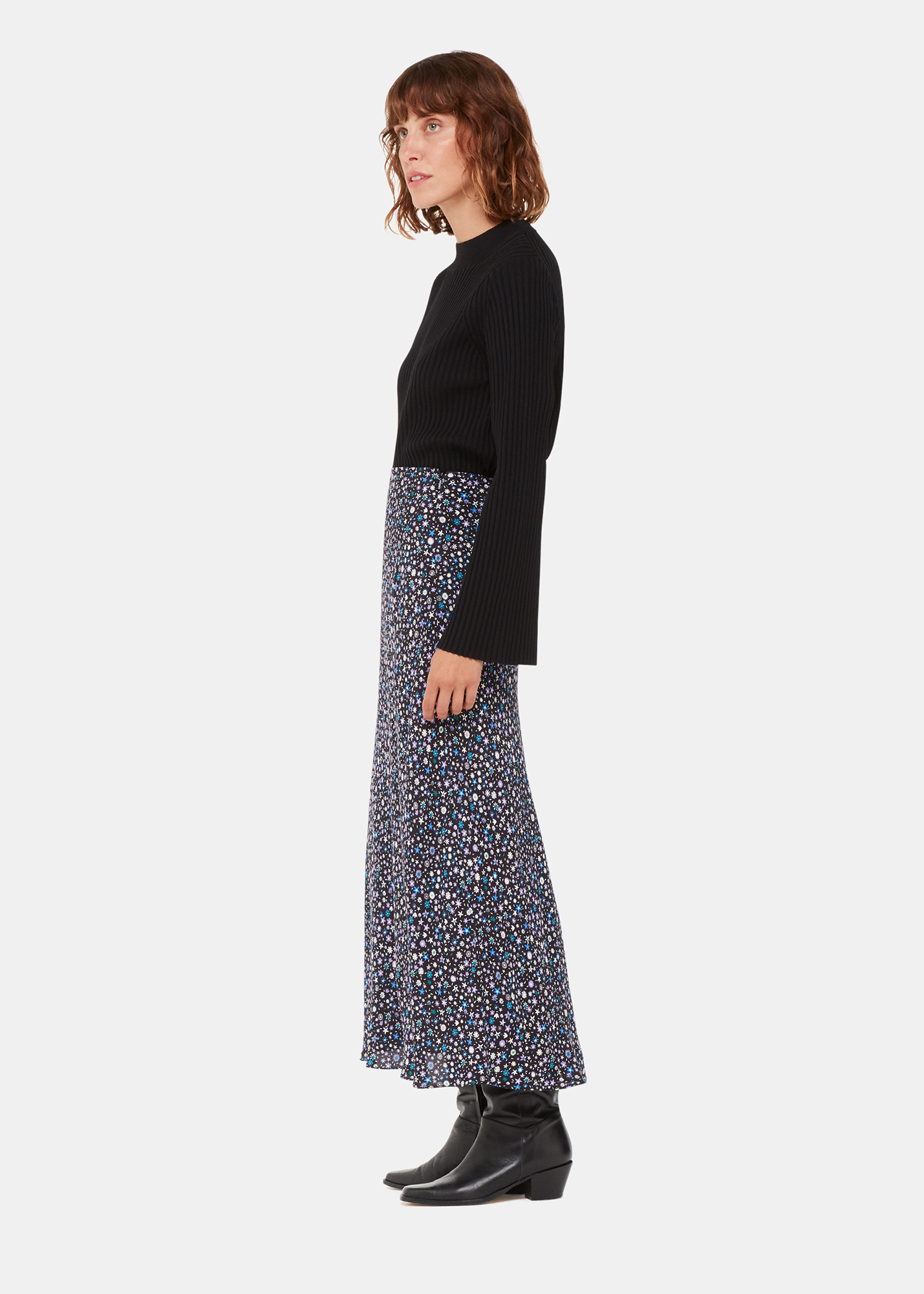 Whistles Women's Black/Multi Painted Garden Bias Cut Skirt Size 18