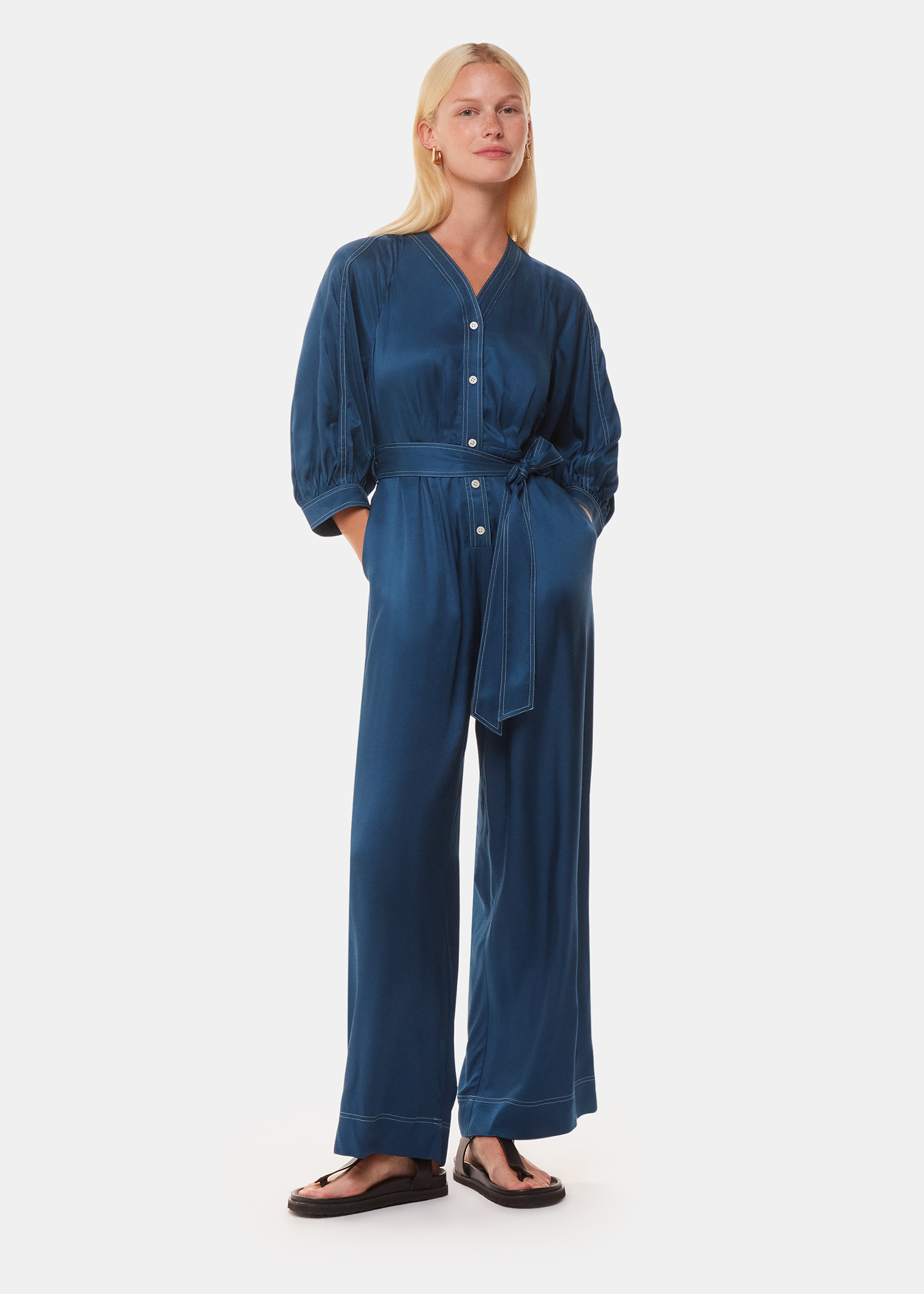 Whistles Women's Blue Mabel Topstitch Jumpsuit Size 18