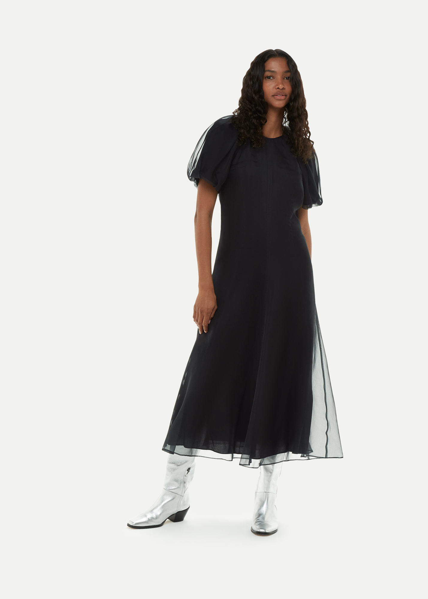 Whistles Women's Black Organza Silk Puff Sleeve Dress Size 4