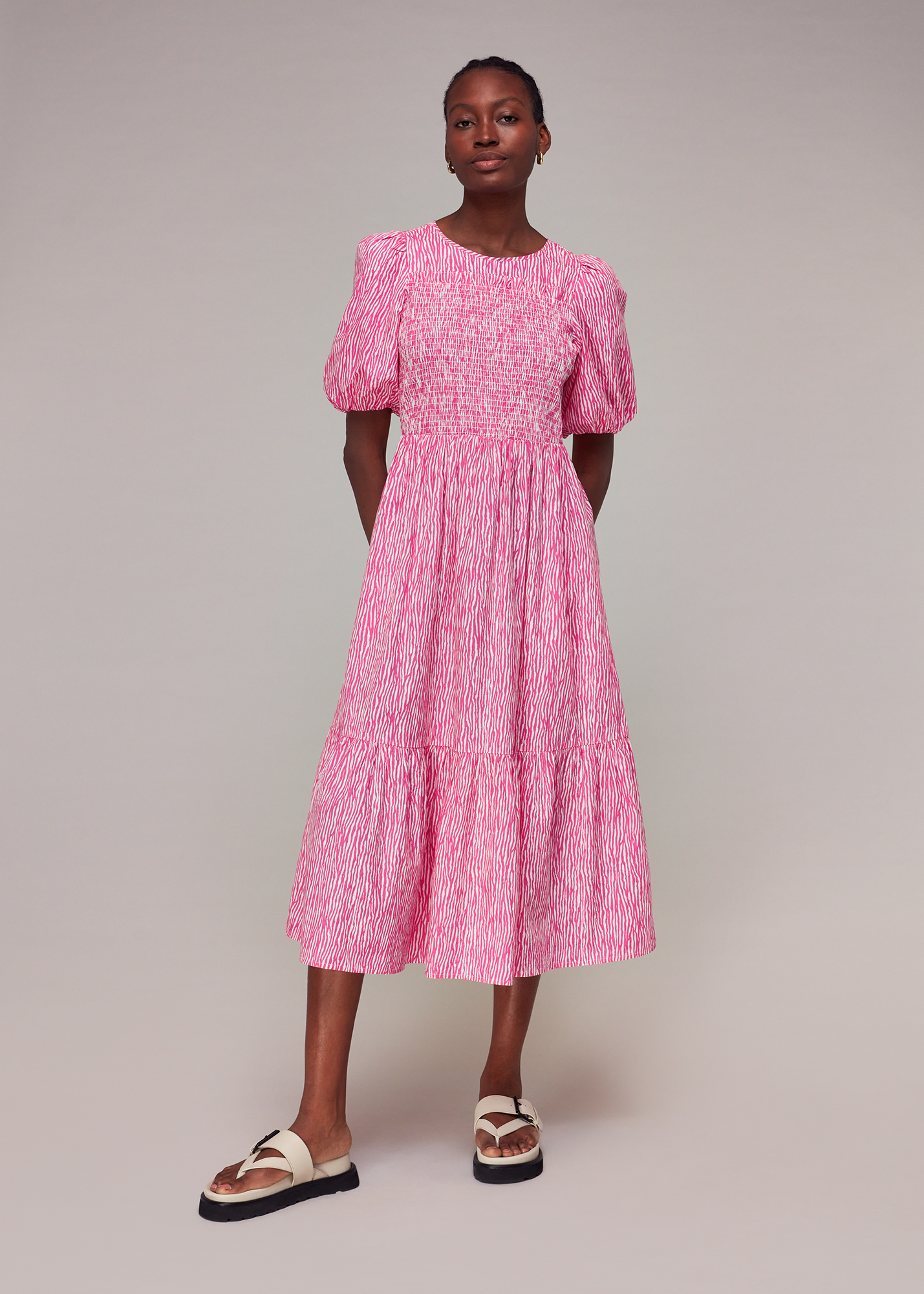 Whistles Women's Pink/Multi Uneven Lines Midi Dress Size 4