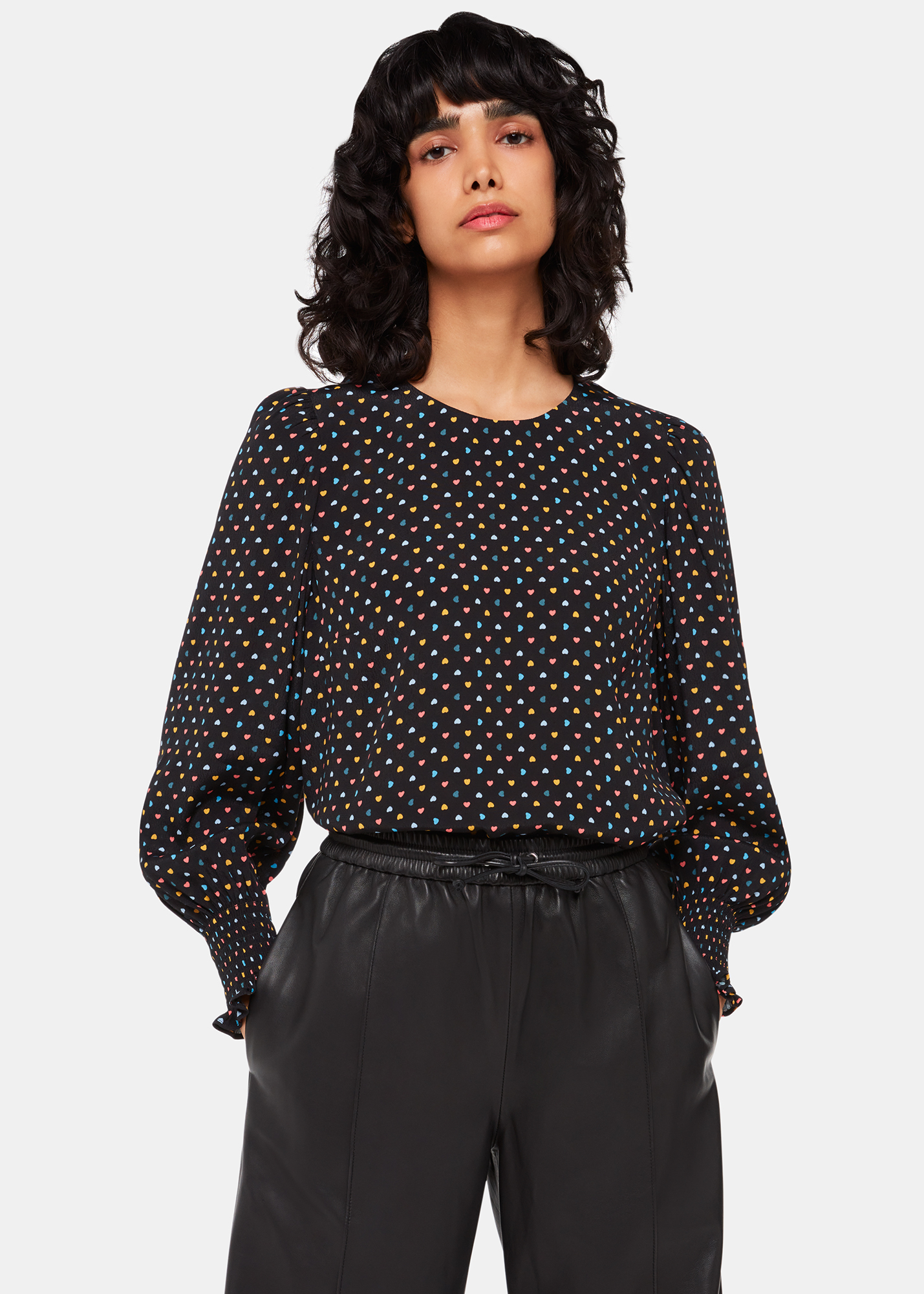 Whistles Women's Black/Multi Scattered Hearts Blouse Size 8