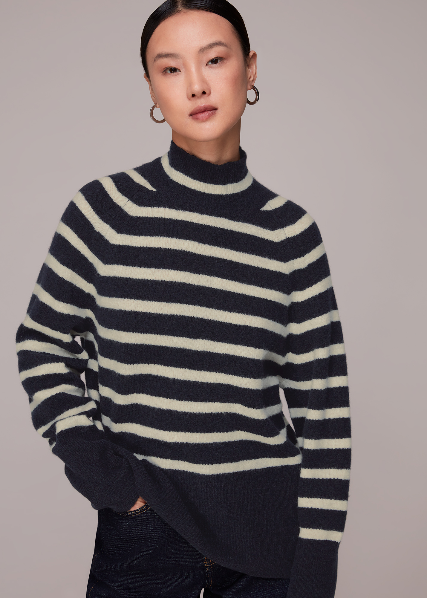 Whistles Women's Navy/Multi Stripe Funnel Neck Jumper Size XS