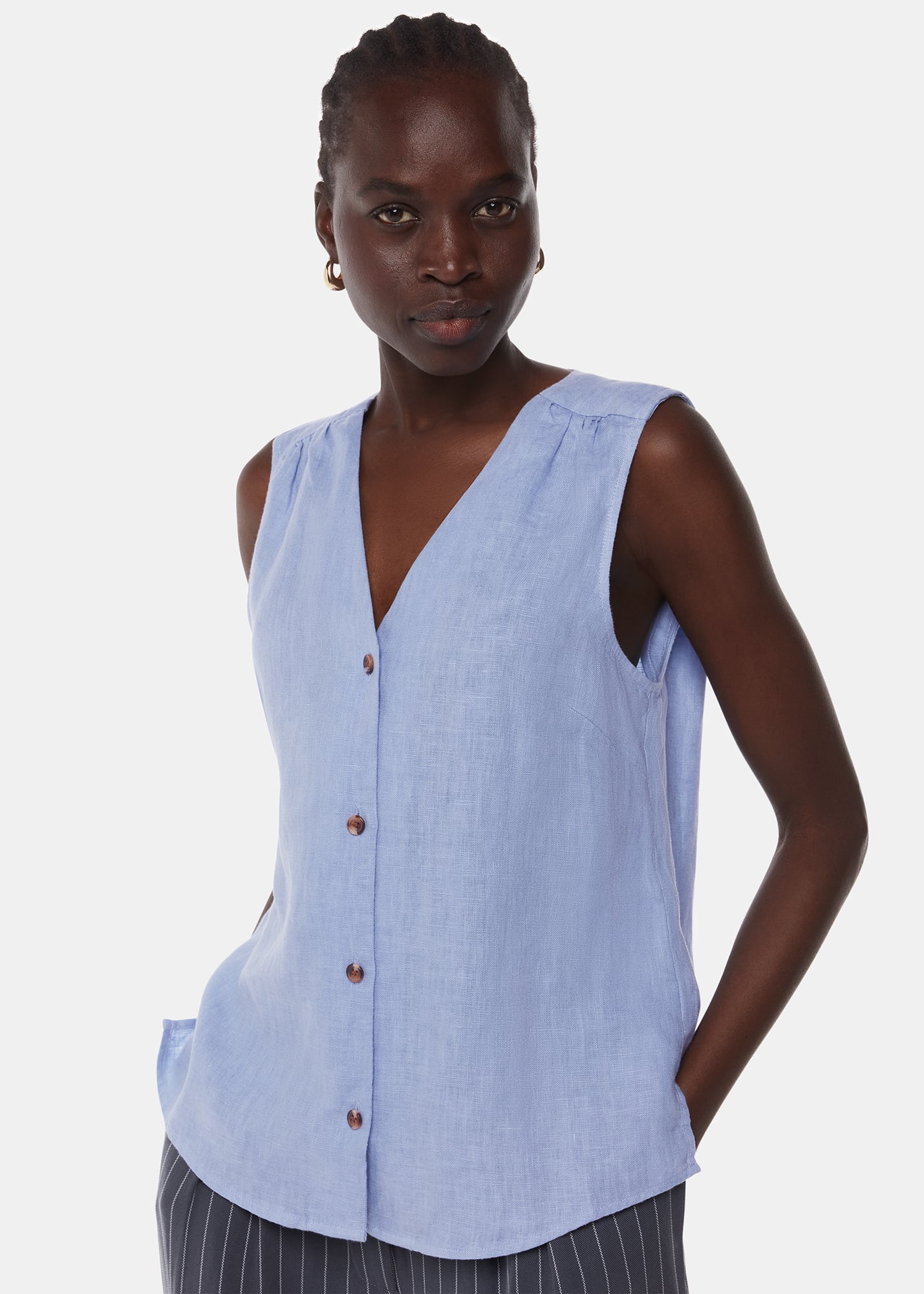 Whistles Women's Blue Laura Linen Tank Size 18