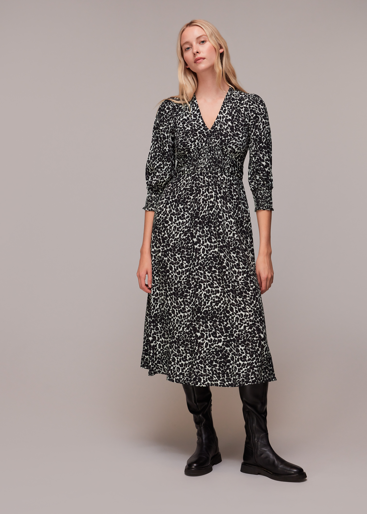 Whistles Women's Black/Multi Shadow Leopard Shirred Dress Size 6