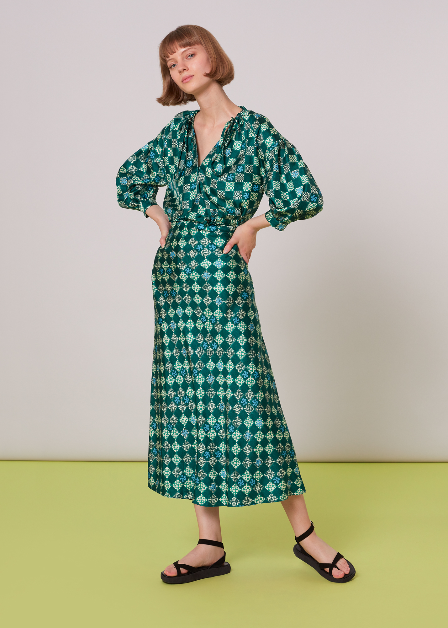Whistles Women's Green/Multi Silk Checkerboard Bias Skirt Size 6