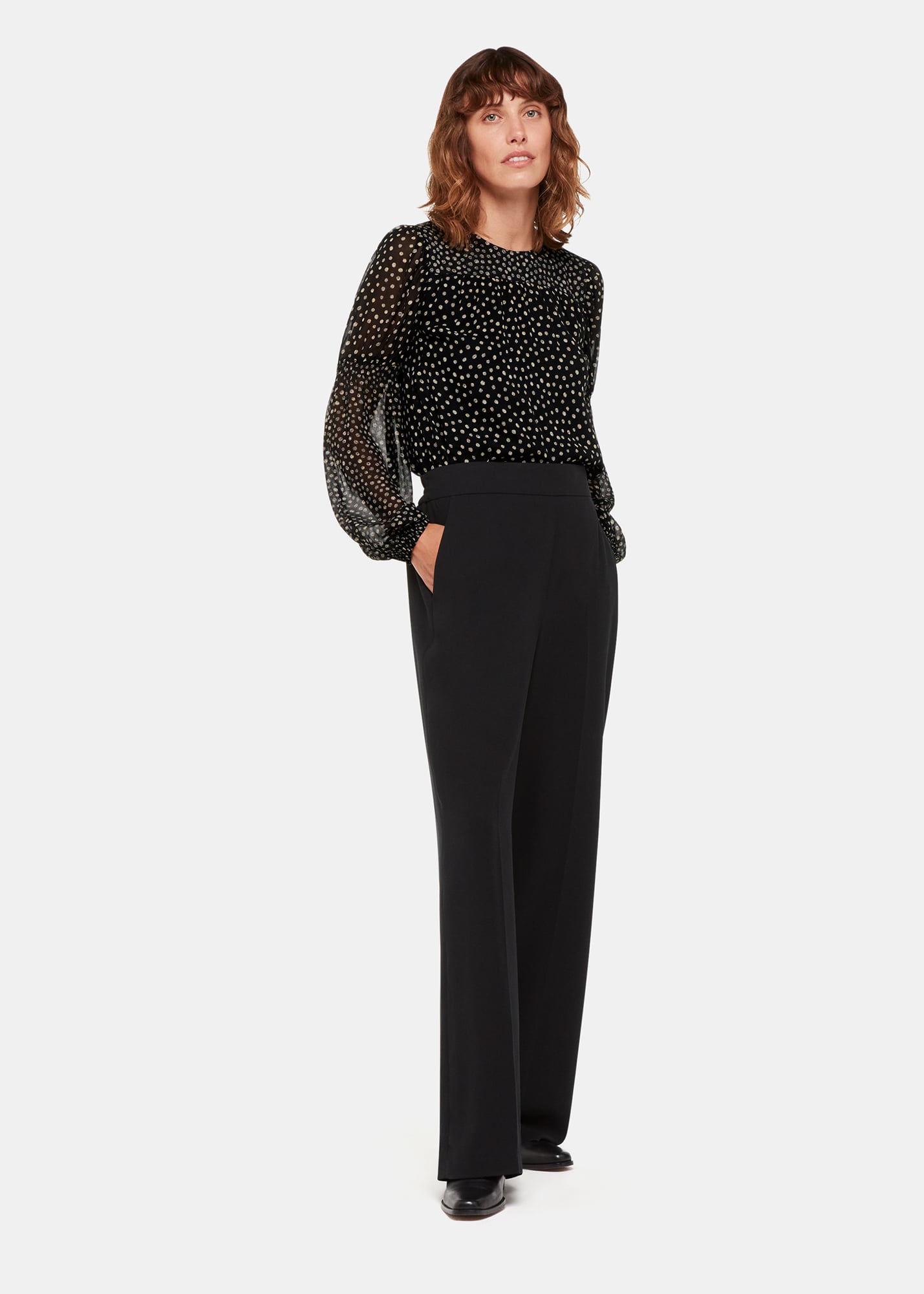 Whistles Women's Black/Multi Speckled Polka Dot Shirred Top Size 12