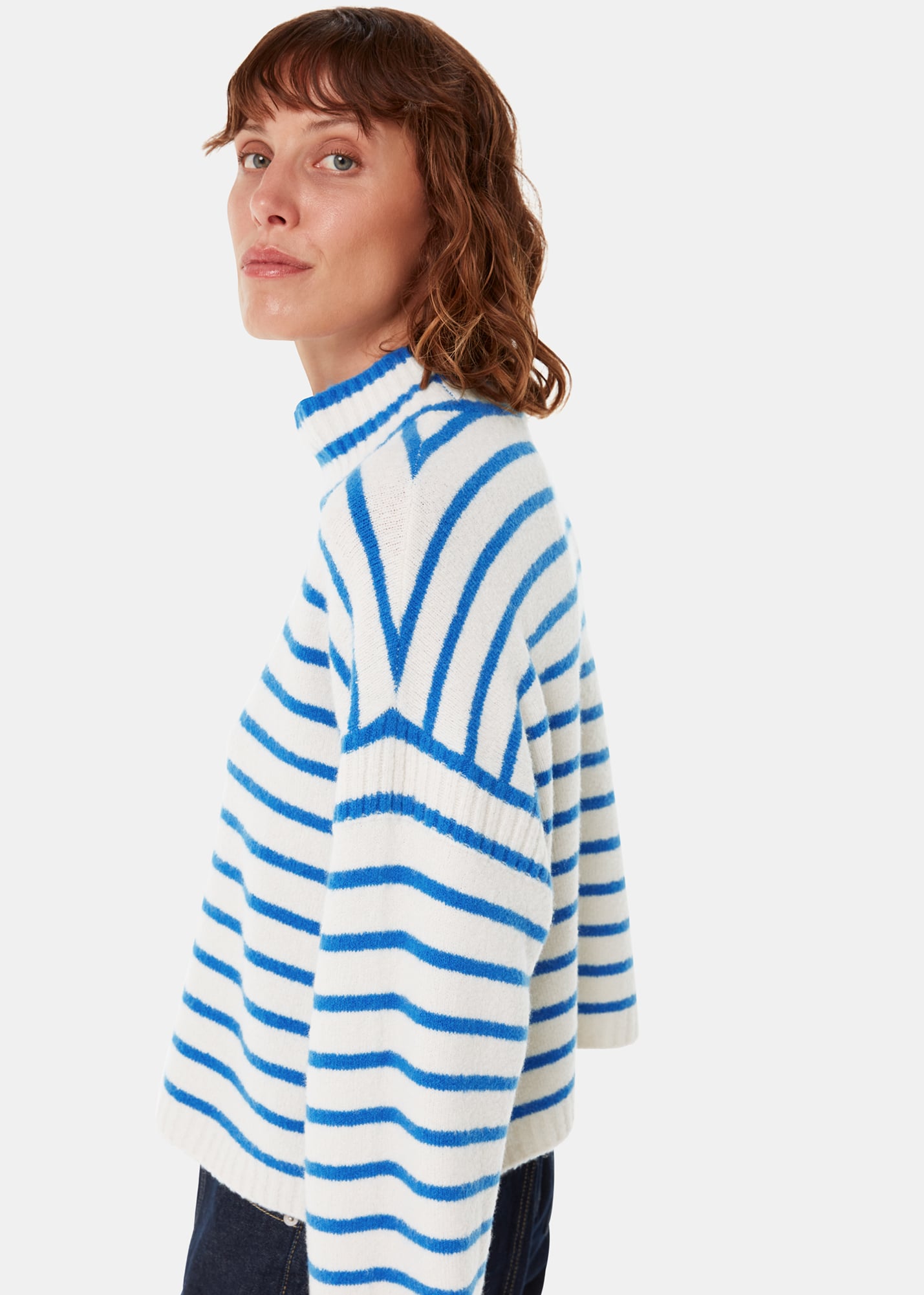 Whistles Women's Blue/Multi Stripe Rib Detail Funnel Knit Size L