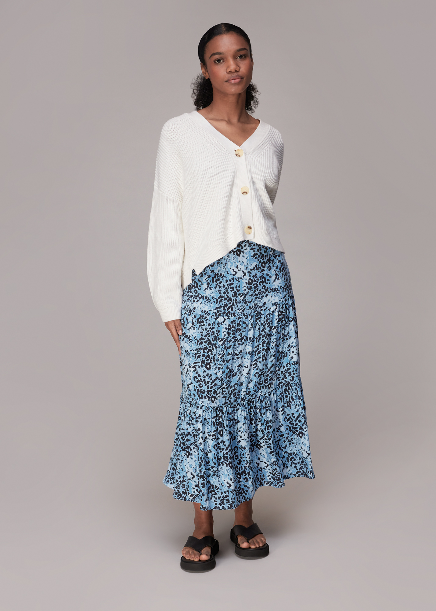 Whistles Women's Blue/Multi Hyena Spot Tiered Skirt Size 6