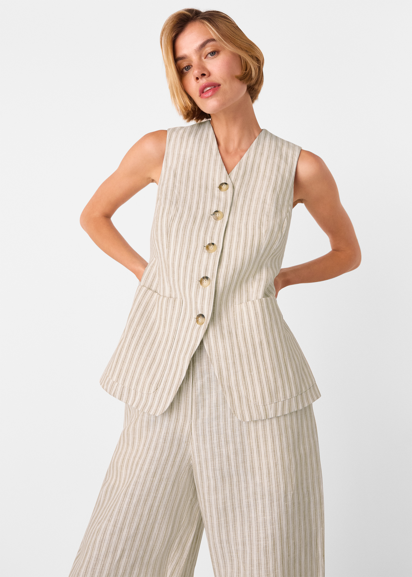 Whistles Women's Neutral Linen Stripe Waistcoat Size 18