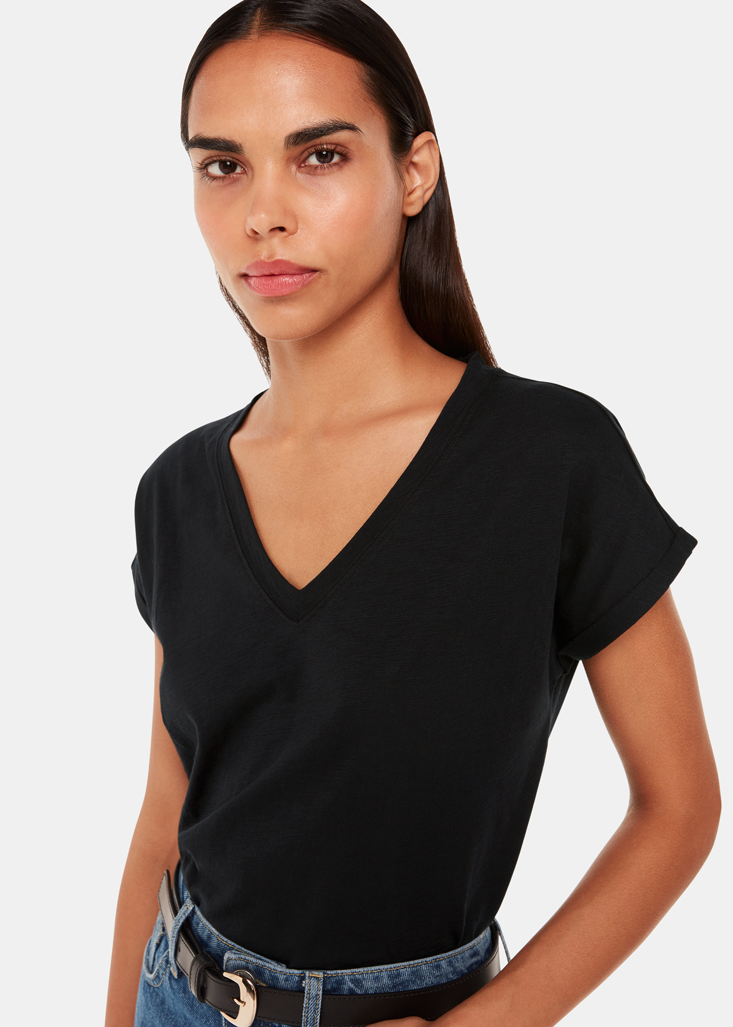 Whistles Women's Black Willa V-Neck Cap Sleeve Tee Size L
