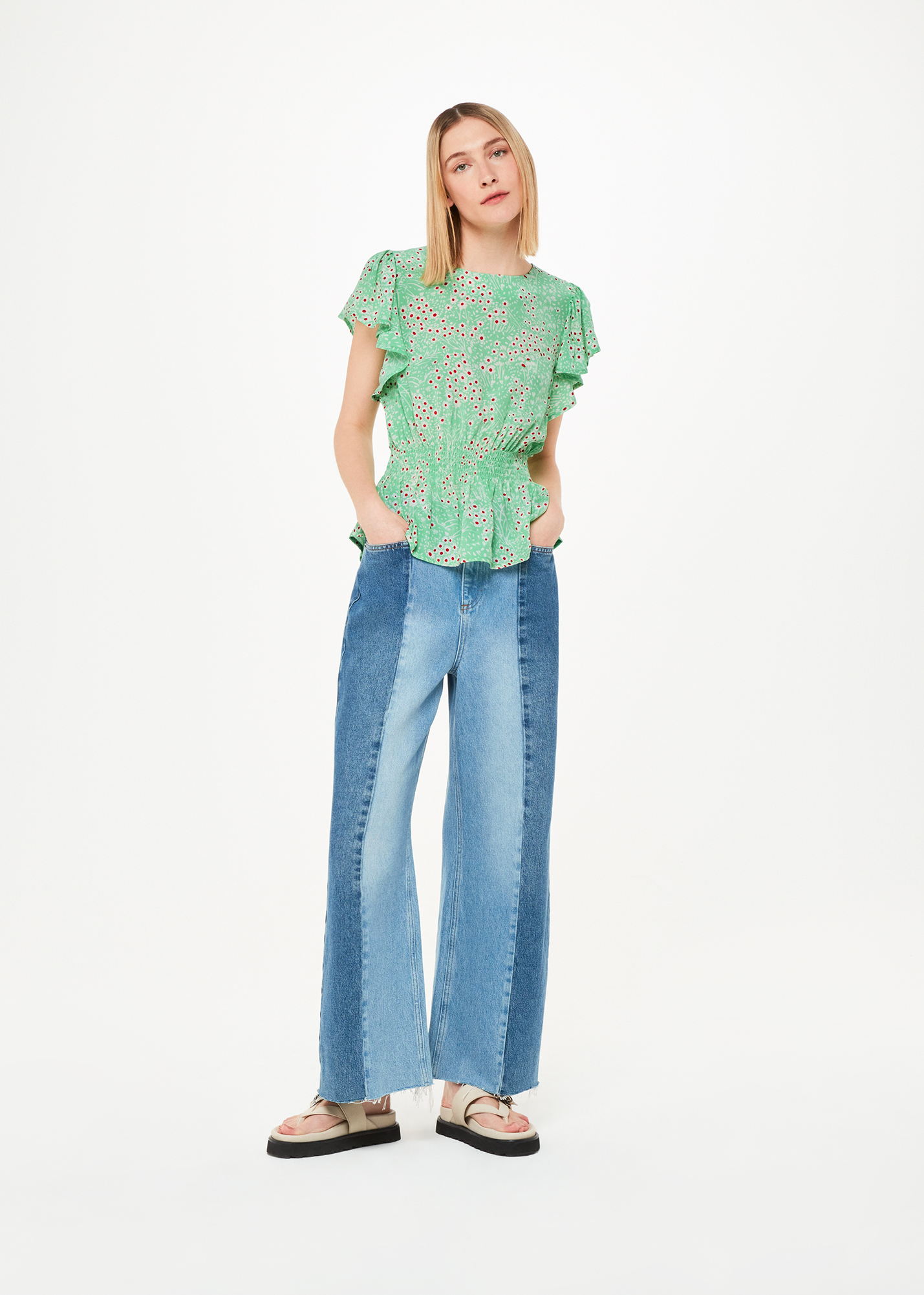 Whistles Women's Green/Multi Daisy Meadow Frill Sleeve Top Size 10