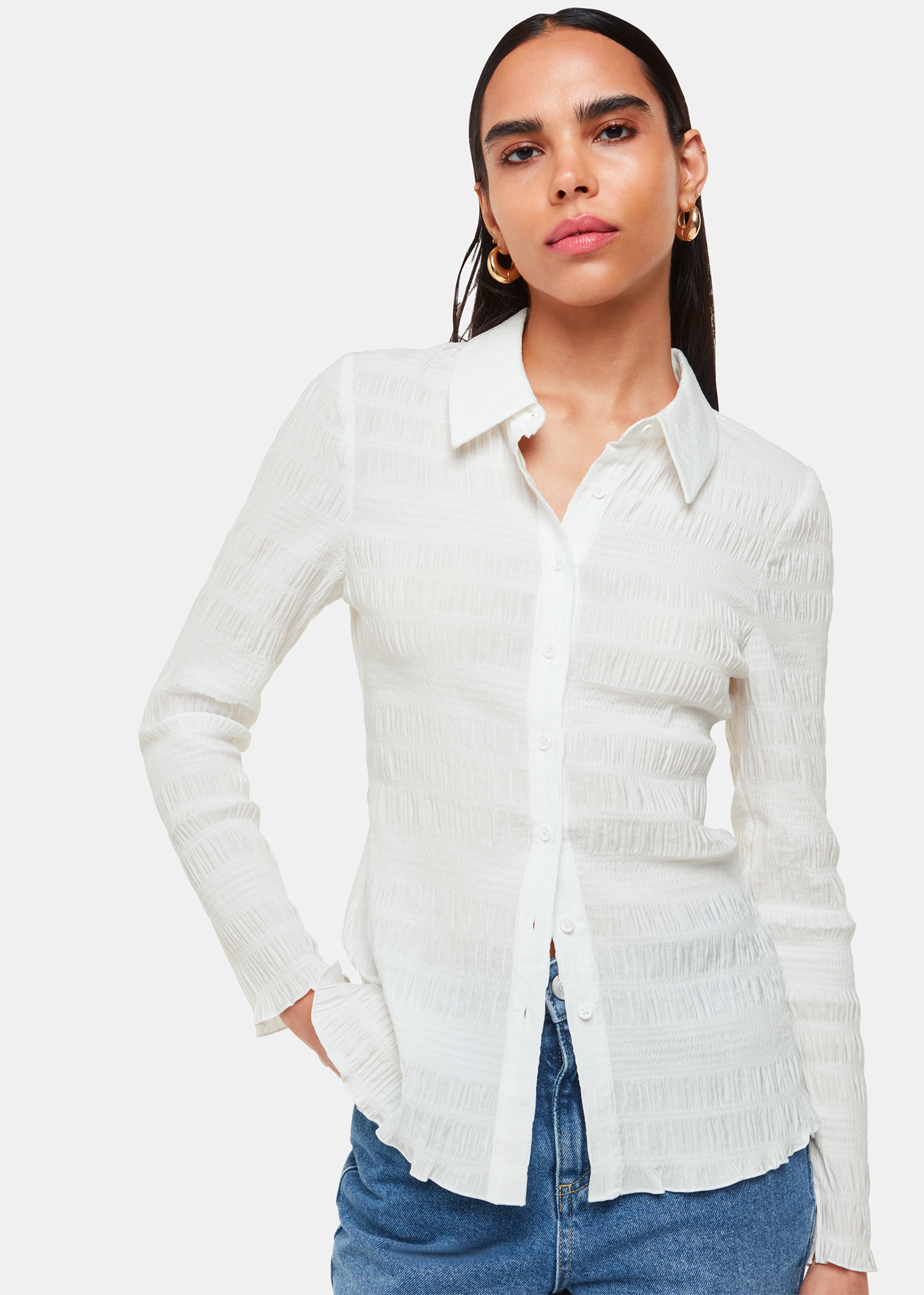 Whistles Women's White Plisse Button Front Shirt Size 16