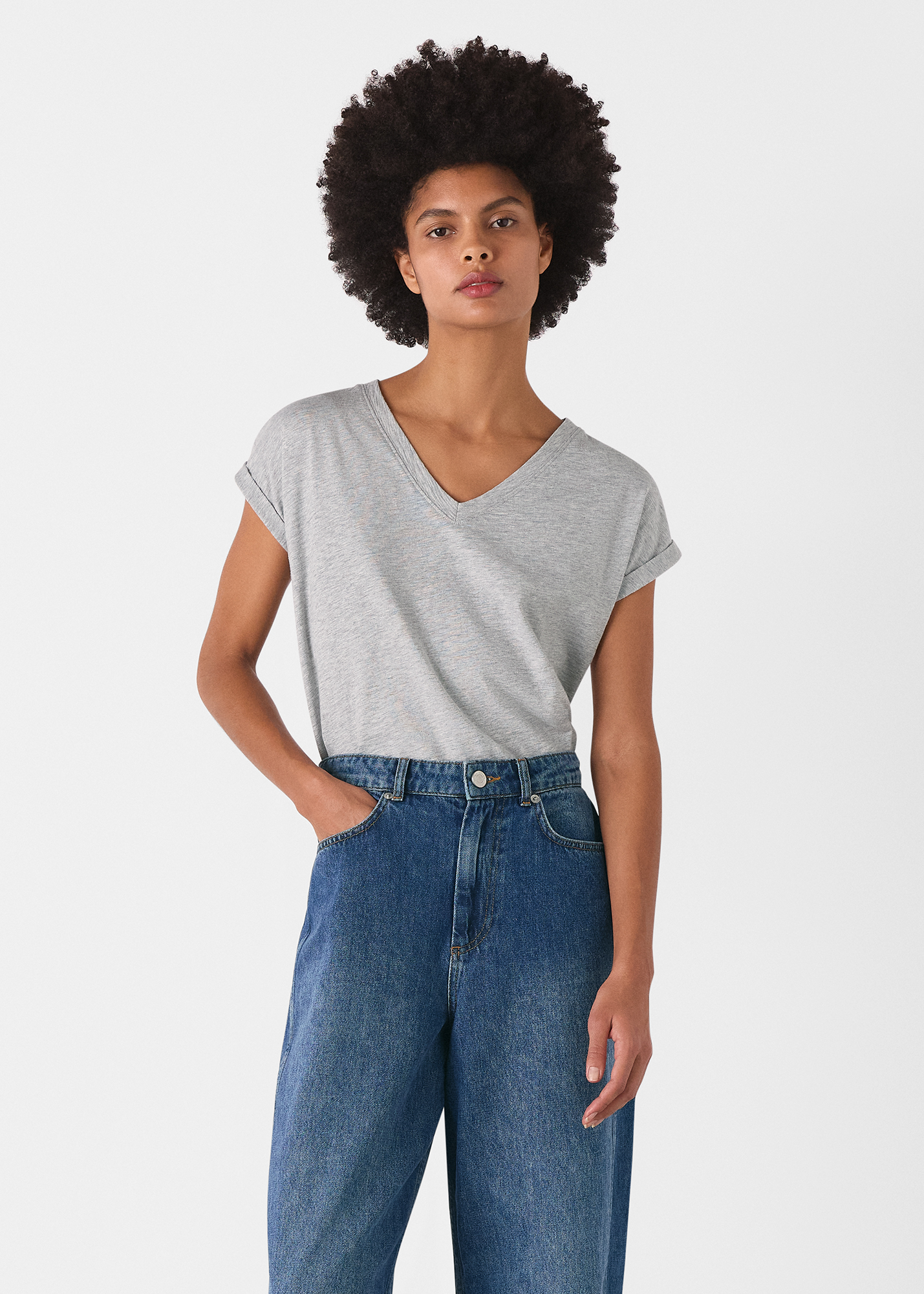 Whistles Women's Grey Marl Willa V-Neck Cap Sleeve Tee Size L