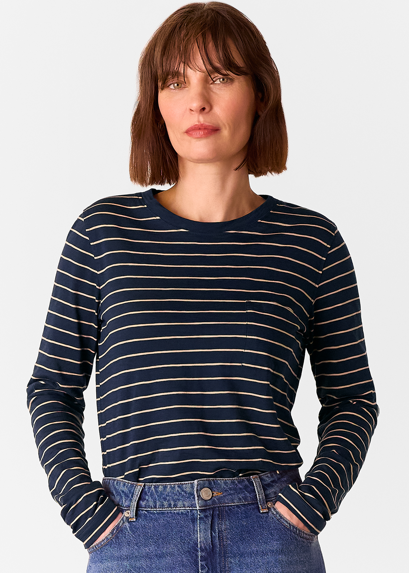 Whistles Women's Navy/Multi Stripe Crew Neck Pocket Top Size 20