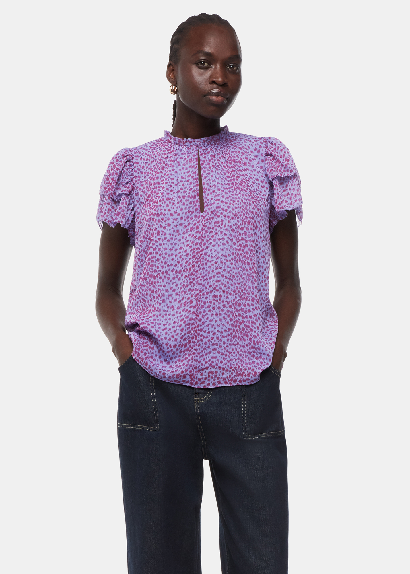 Whistles Women's Purple/Multi Sketched Cheetah Frill Top Size 6