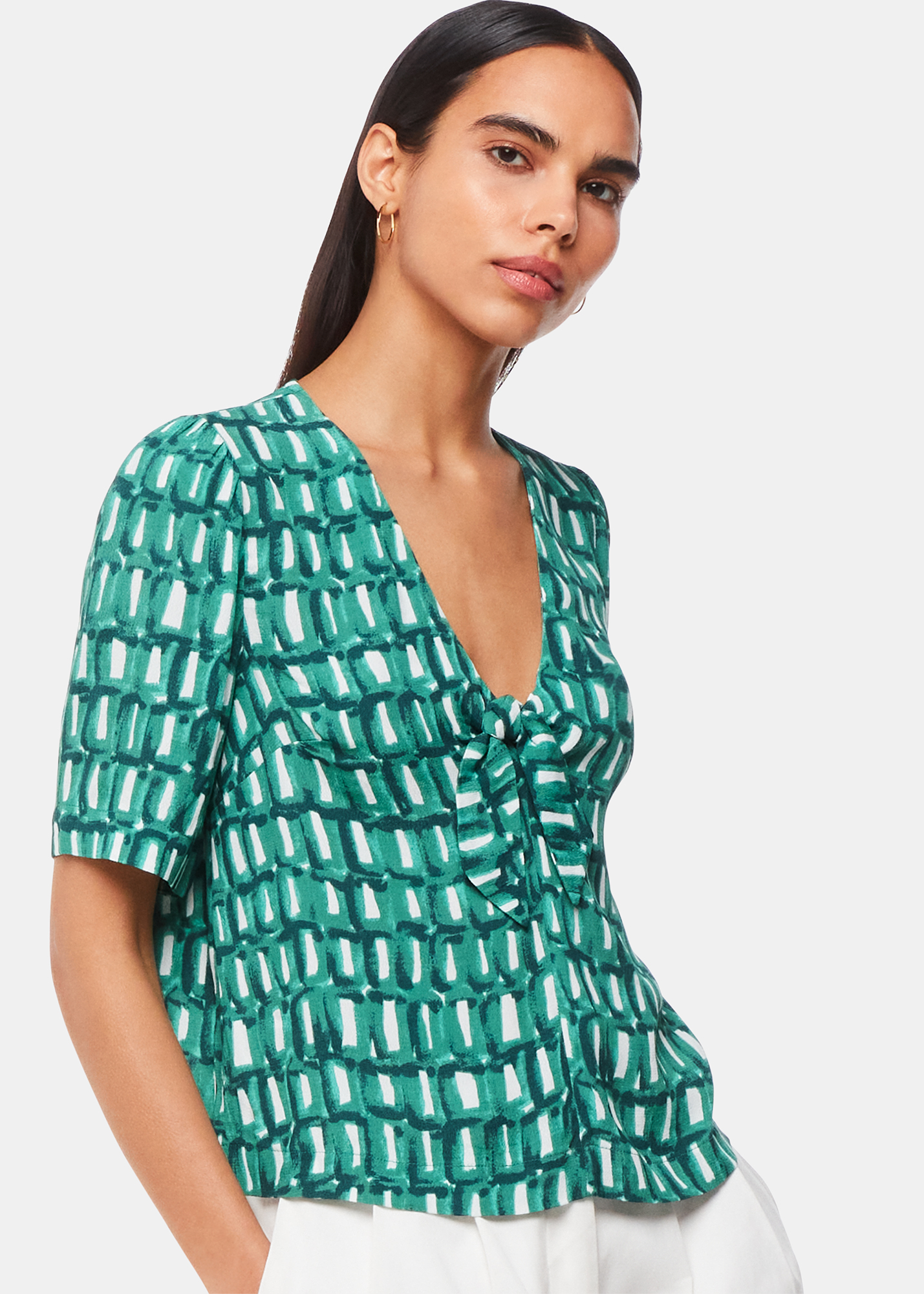 Whistles Women's Green/Multi Linked Smudge Tie Front Top Size 20