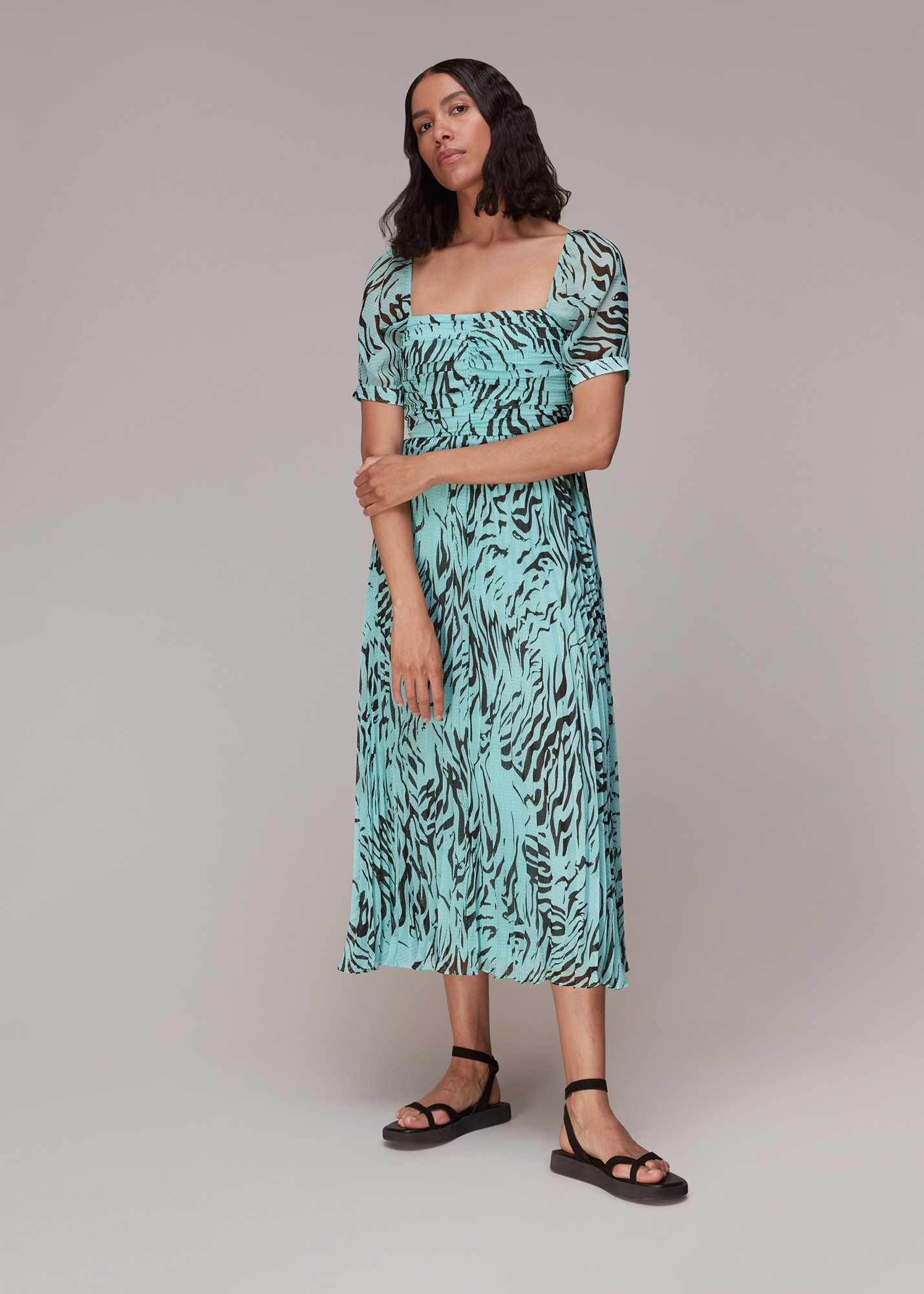 Whistles Women's Mint Midnight Tiger Pleated Dress Size 6