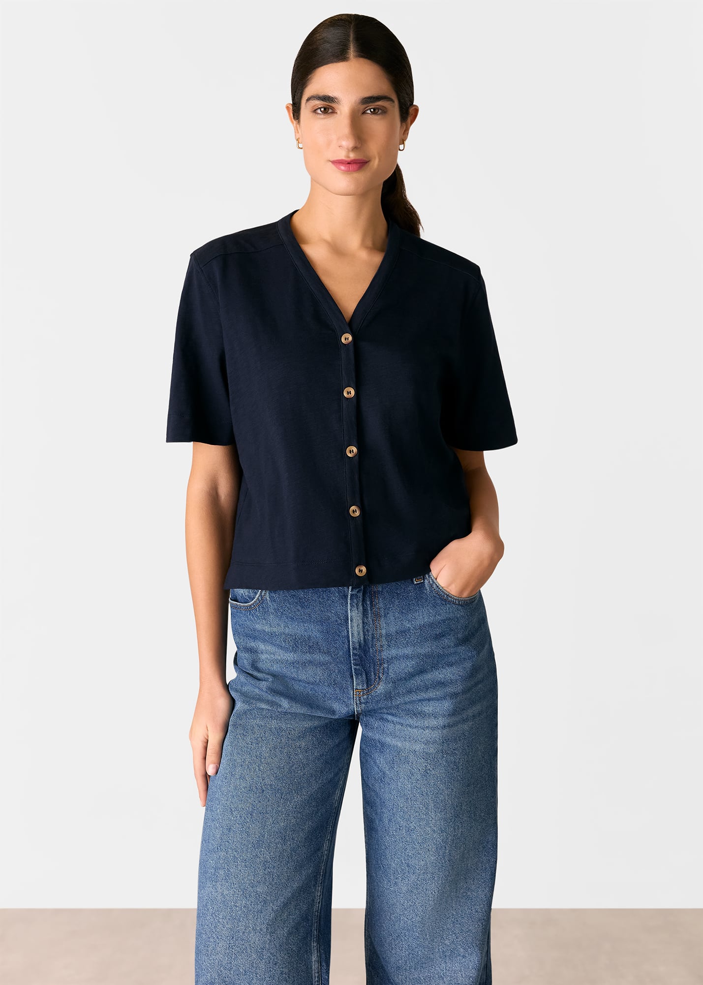 Whistles Women's Navy Ella V Neck Button Through Tee Size L