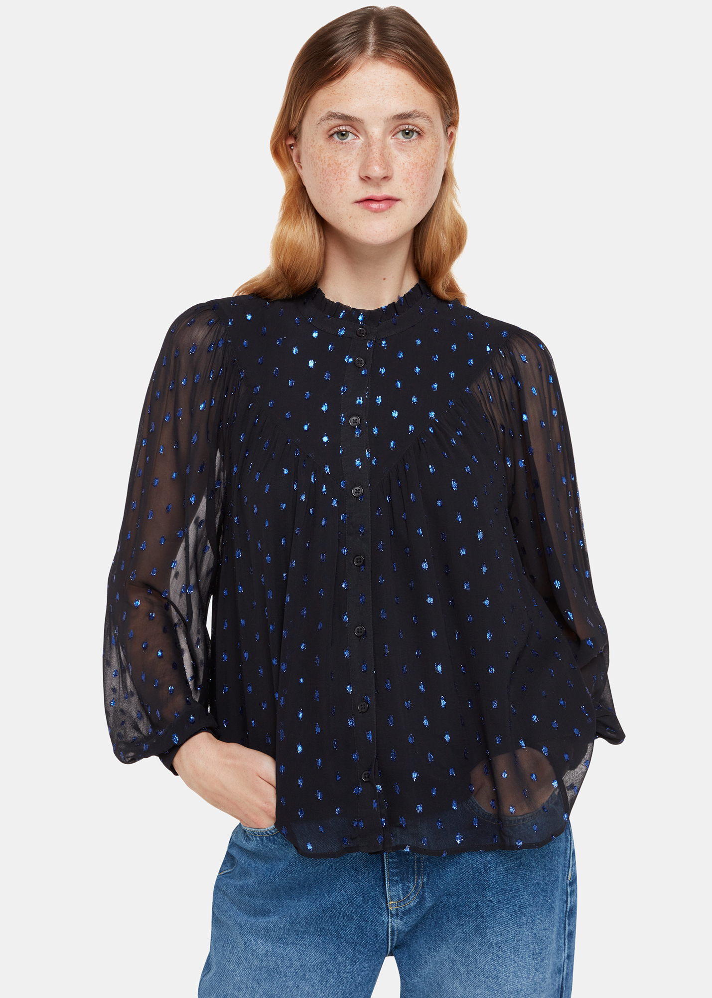Whistles Women's Navy/Multi Mia Metallic Dobby Top Size 6