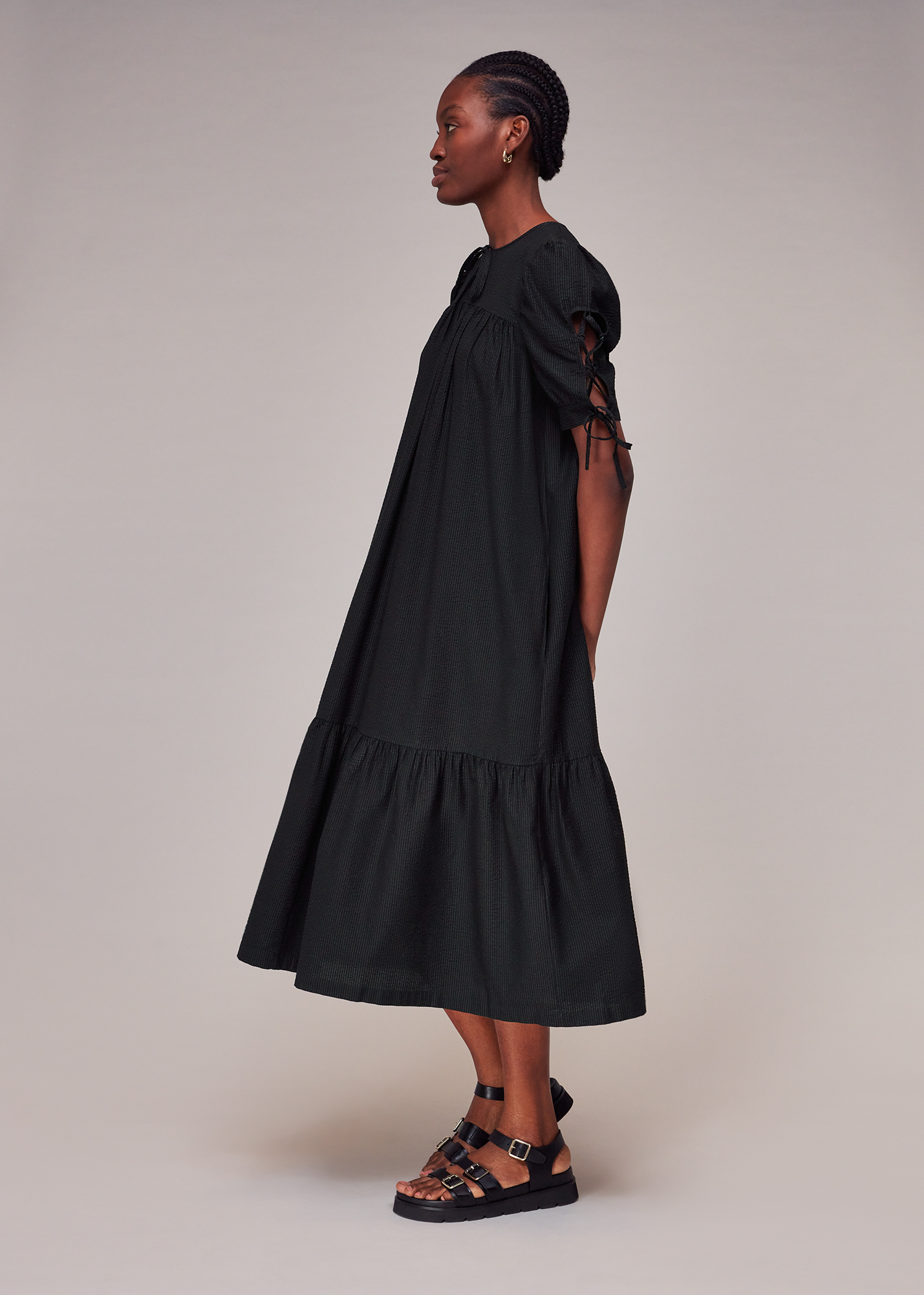 Whistles Women's Black Elsie Seersucker Trapeze Dress Size 4