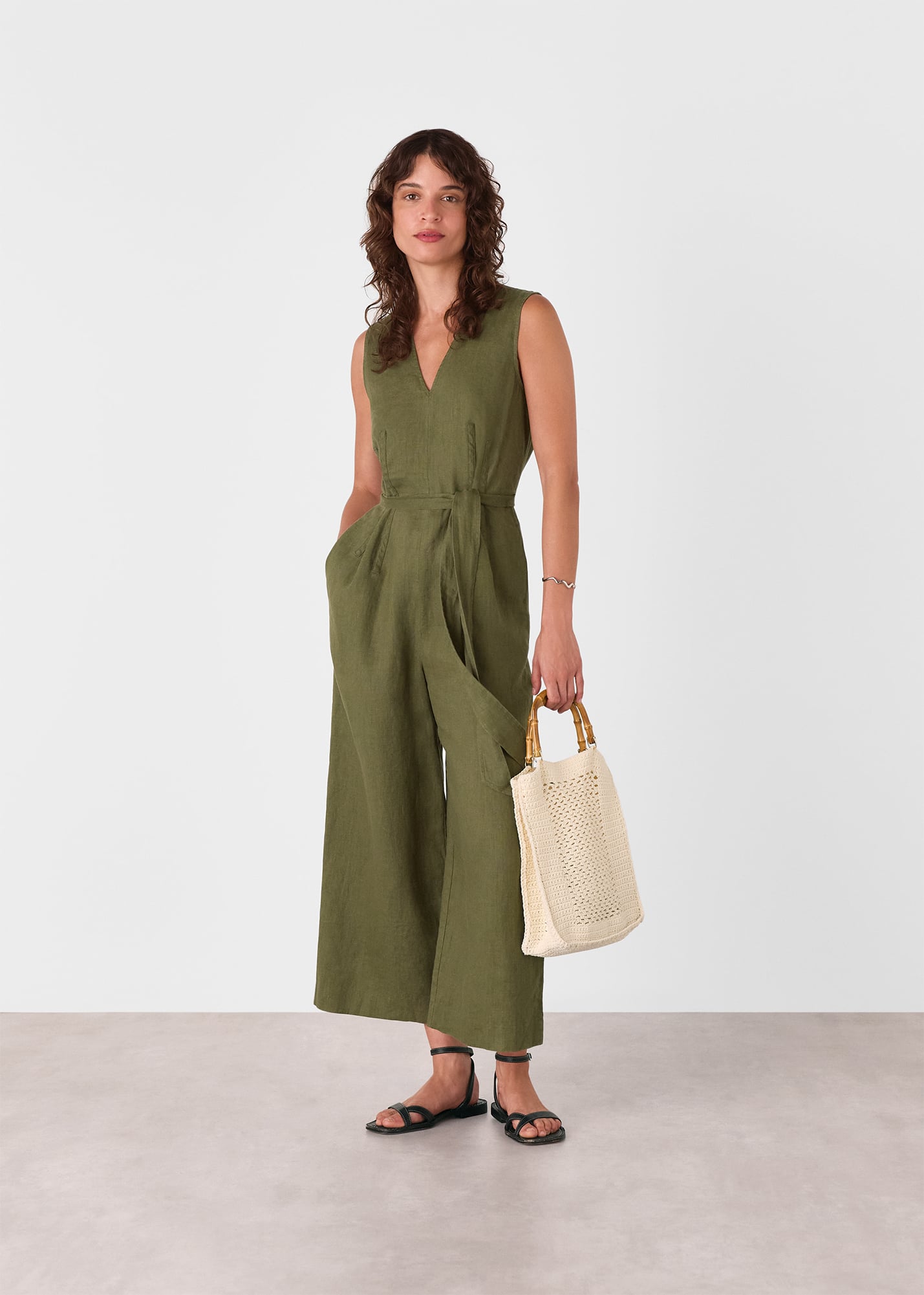 Whistles Women's Khaki Belted Seamed Linen Jumpsuit Size 8