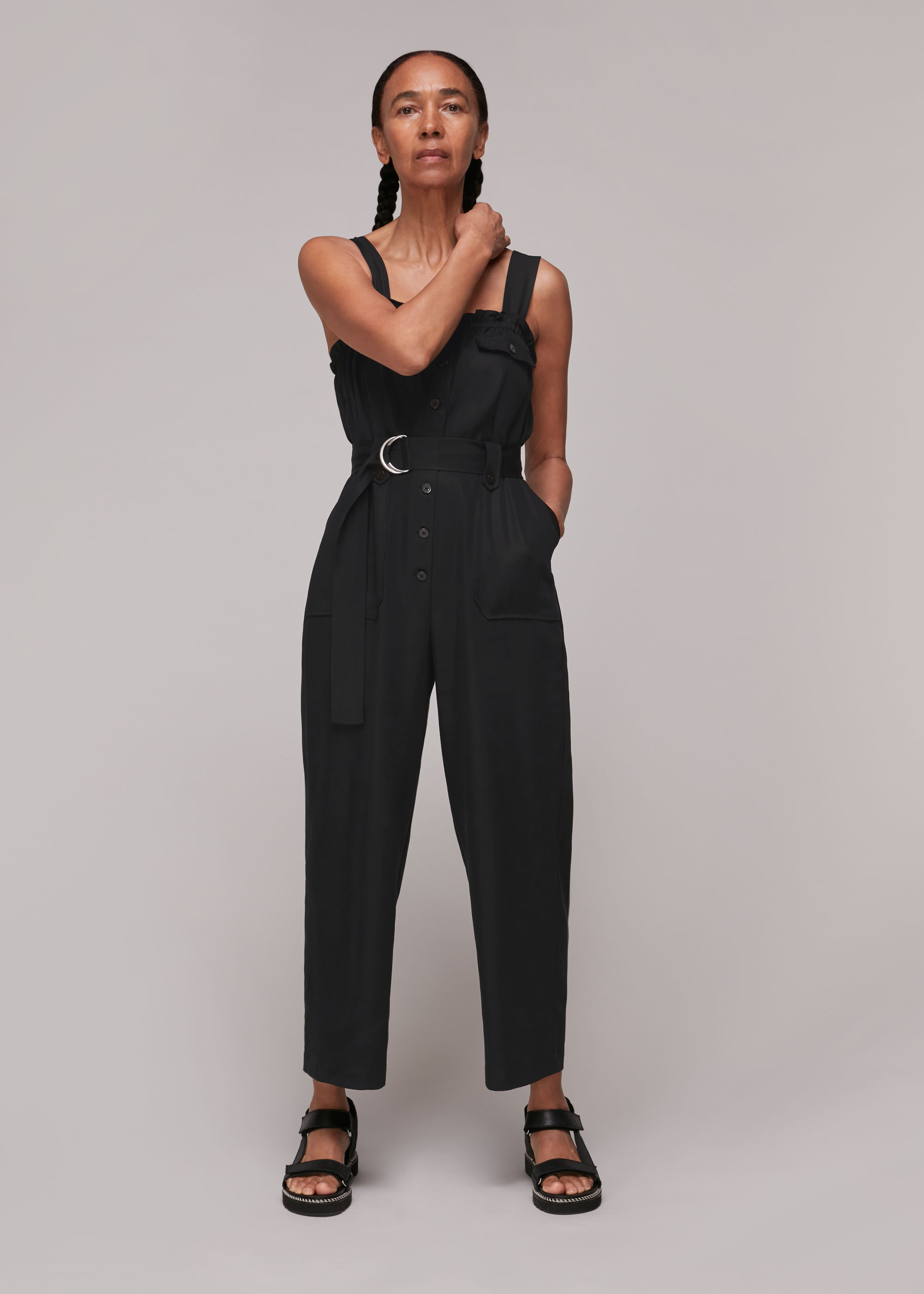 Whistles Women's Black Frill Utility Belted Jumpsuit Size 16