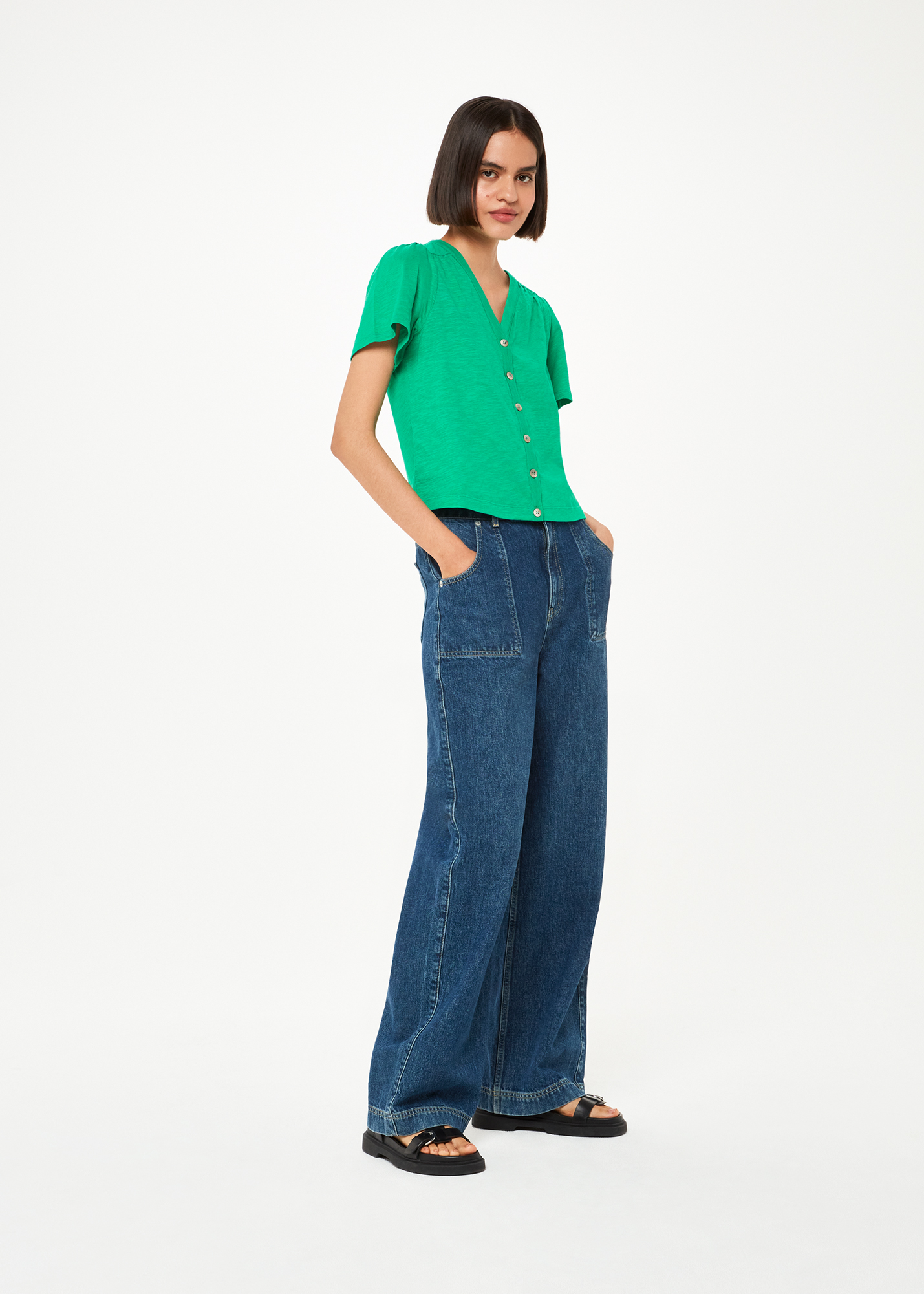 Whistles Women's Green Maeve V-Neck Button Front Tee Size XL