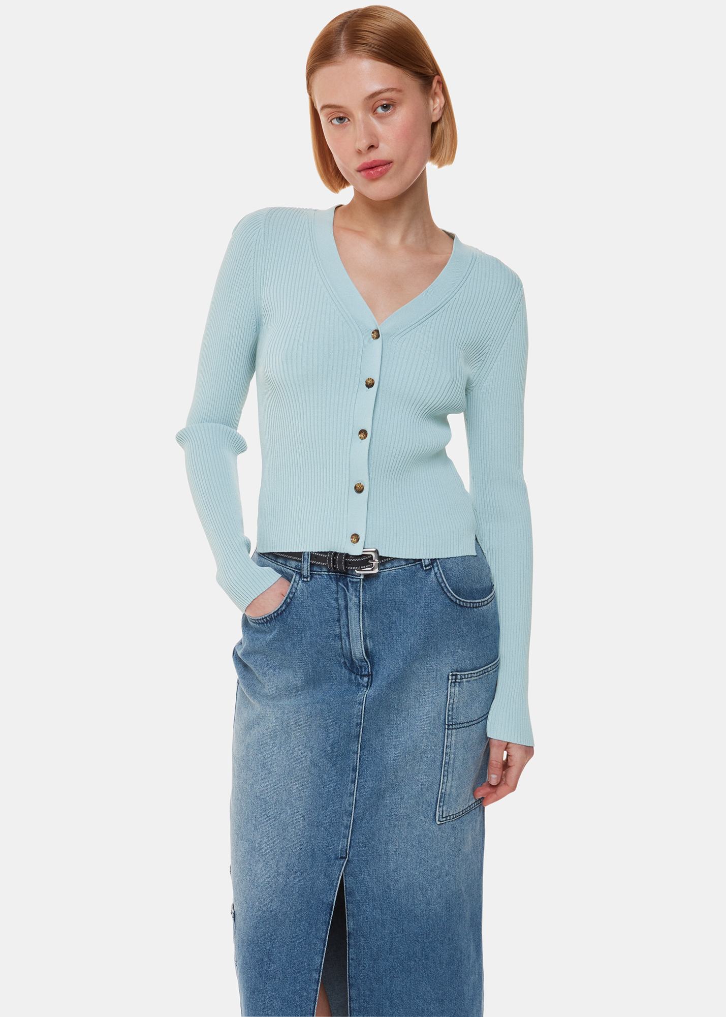 Whistles Women's Blue Ribbed V Neck Cardigan Size 14
