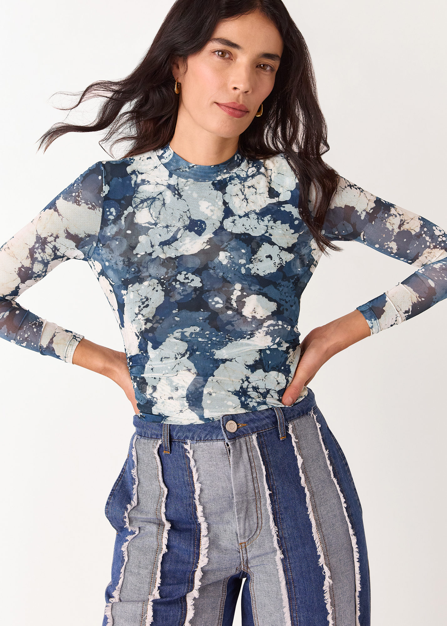 Whistles Women's Blue/Multi Batik Marble Gathered Mesh Top Size 18