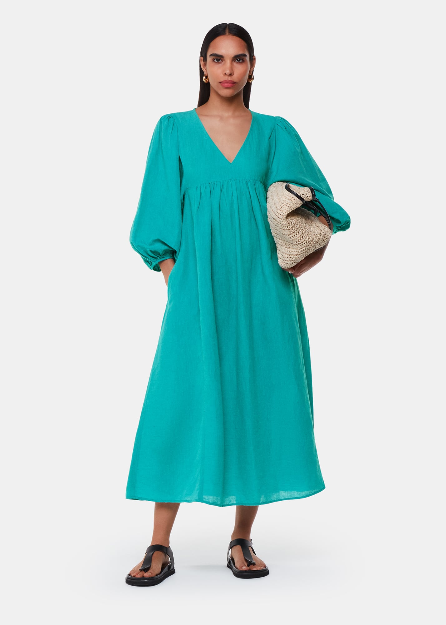Whistles Women's Turquoise Gloria Linen Blend Dress Size 8