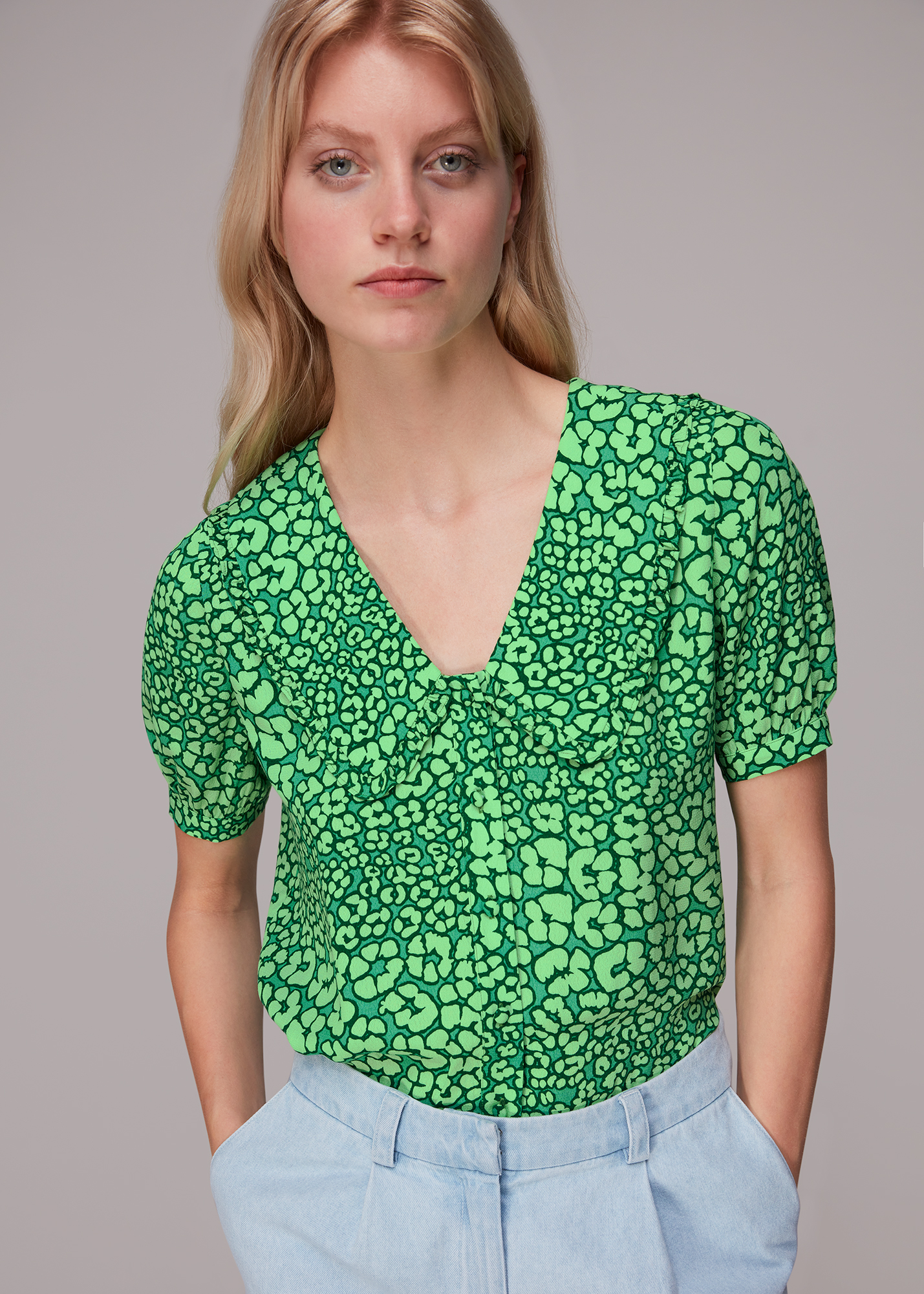 Whistles Women's Green/Multi Leopard Petals Collar Top Size 8