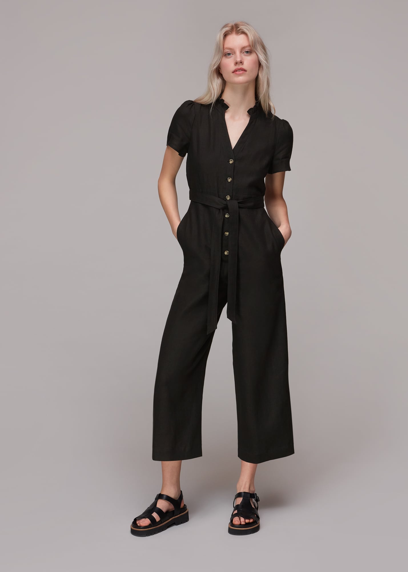 Whistles Women's Black Emmie Linen Jumpsuit Size 18