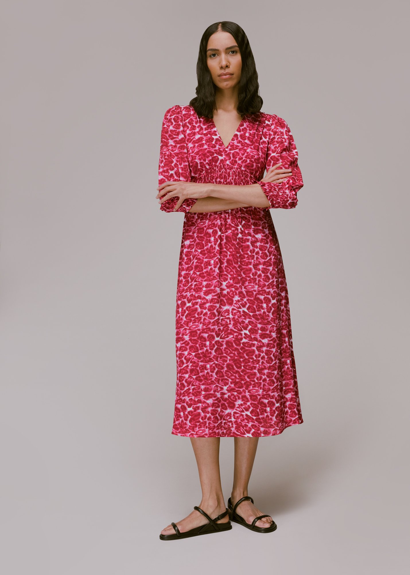 Whistles Women's Pink/Multi Clouded Leopard Shirred Dress Size 6