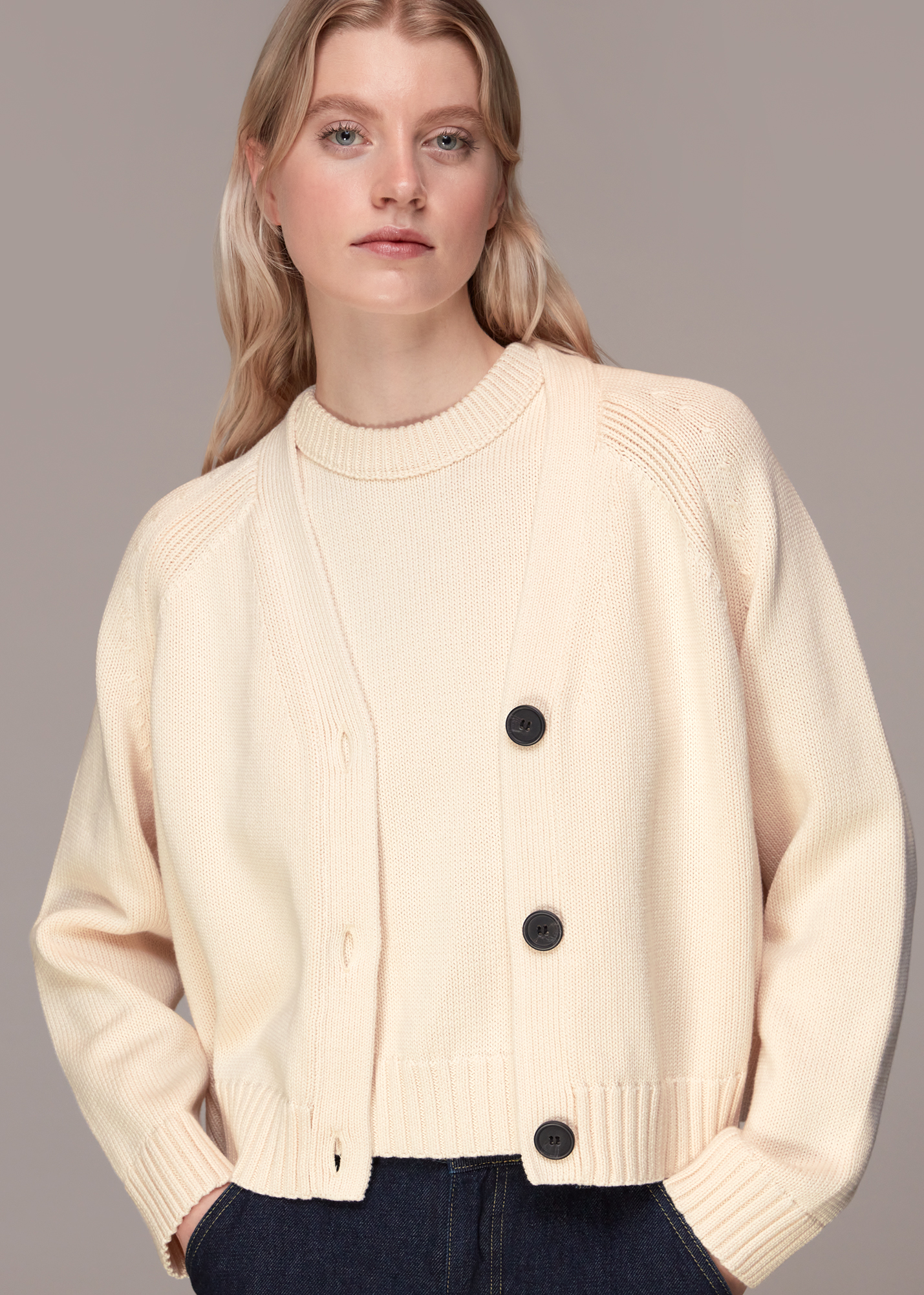 Whistles Women's Ivory Karine Rib Detail Cardigan Size L