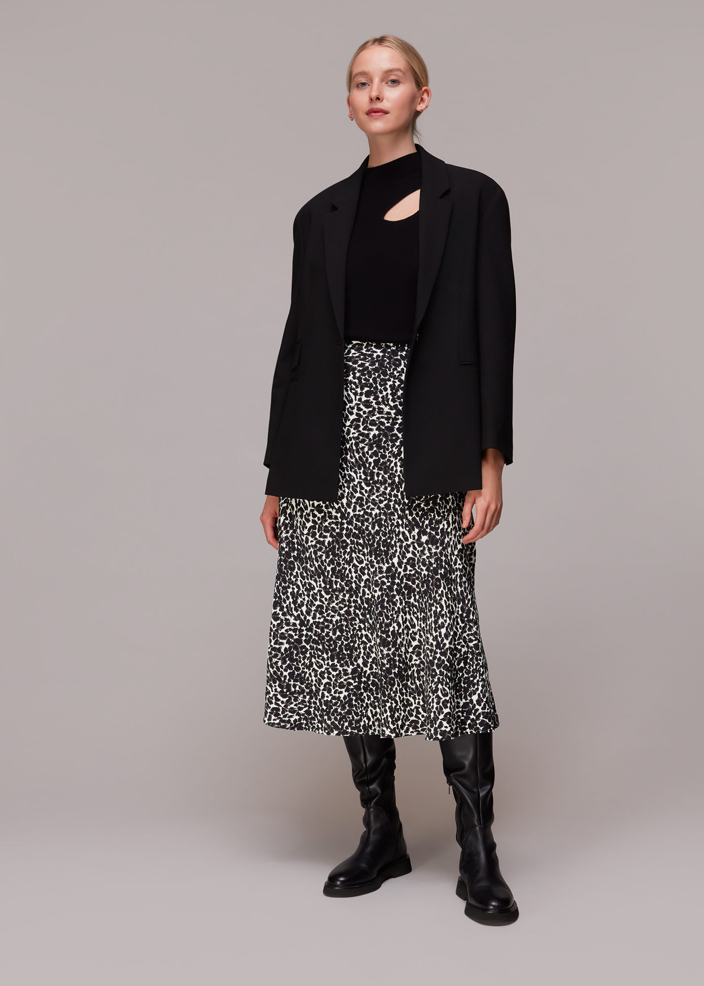 Whistles Women's Black/Multi Shadow Leopard Bias Cut Skirt Size 10