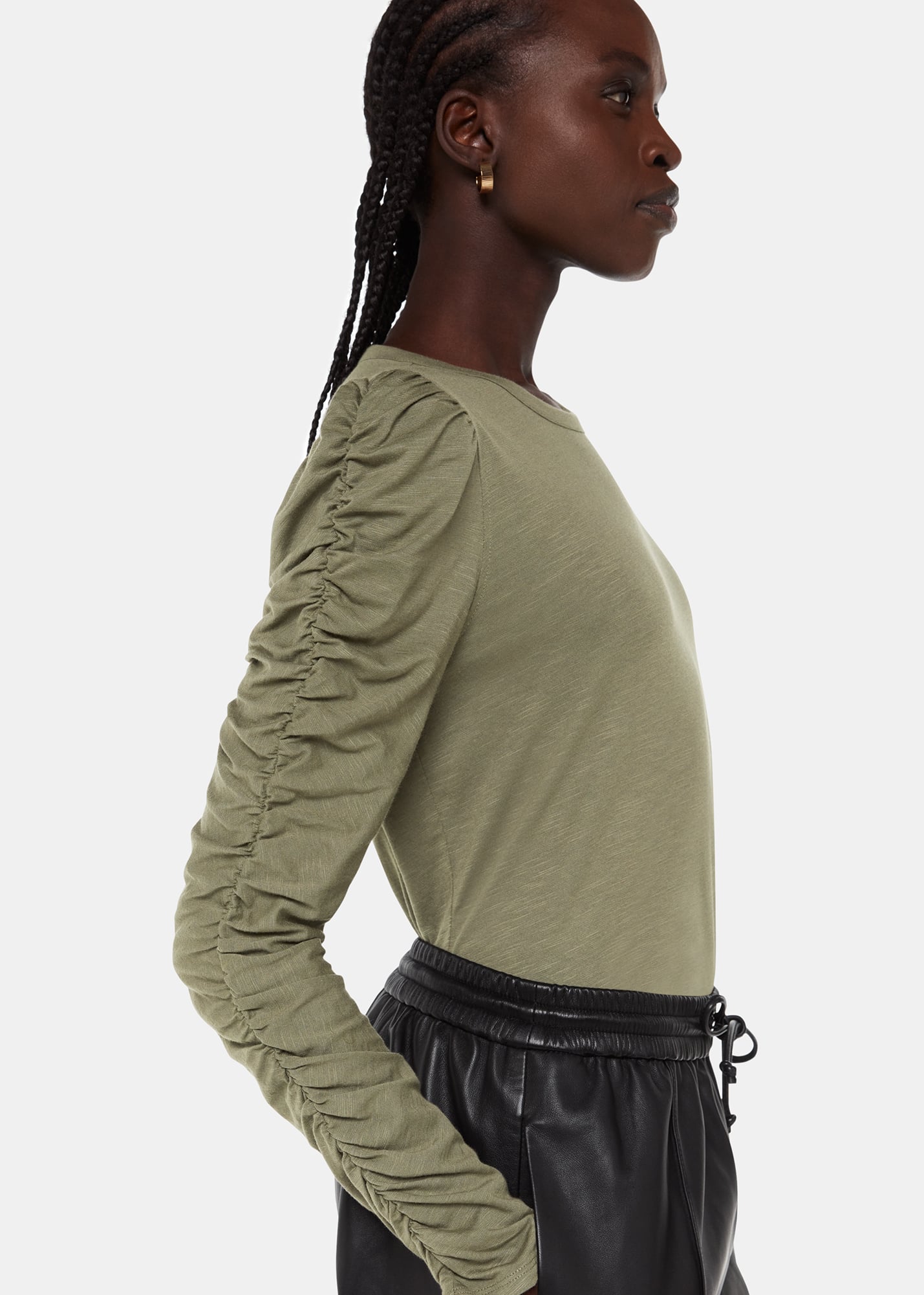 Whistles Women's Khaki Ruched Sleeve Top Size 18