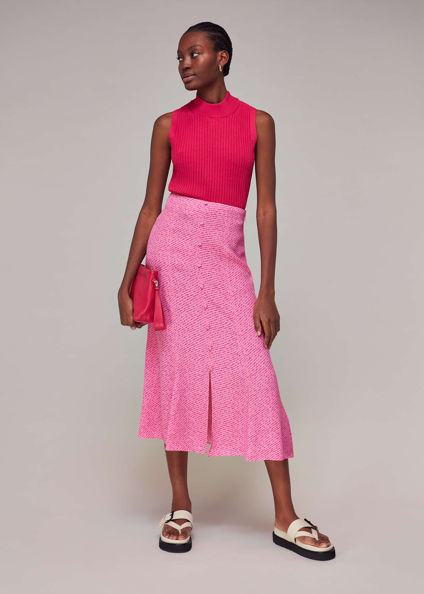 Whistles Women's Pink/Multi Diagonal Fleck Button Skirt Size 6