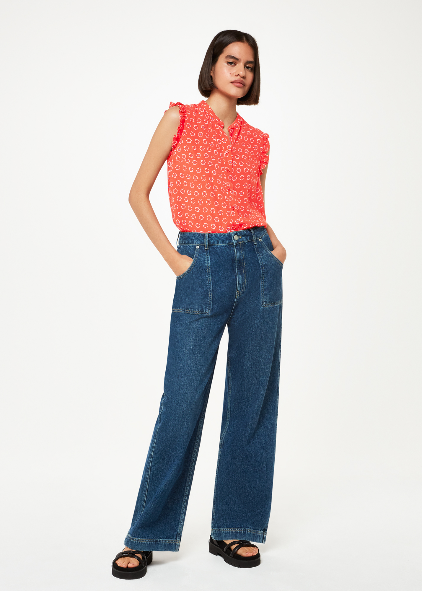 Whistles Women's Red/Multi Flower Charm Frill Sleeve Top Size 4