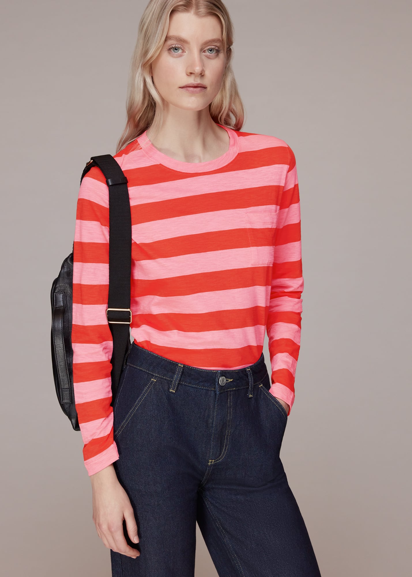 Whistles Women's Red/Multi Crew Neck Stripe Pocket Top Size 6