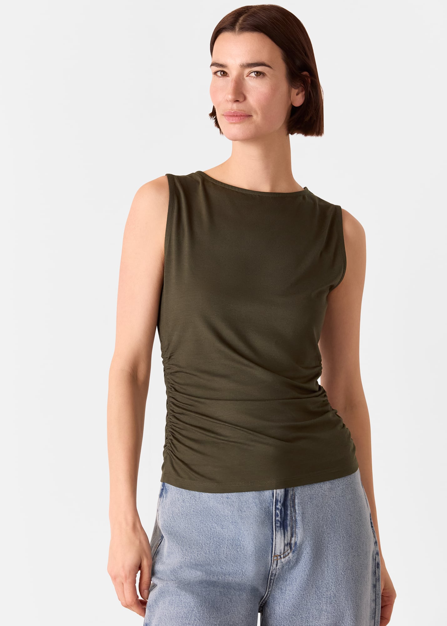 Whistles Women's Khaki Gathered Side Detail Top Size M