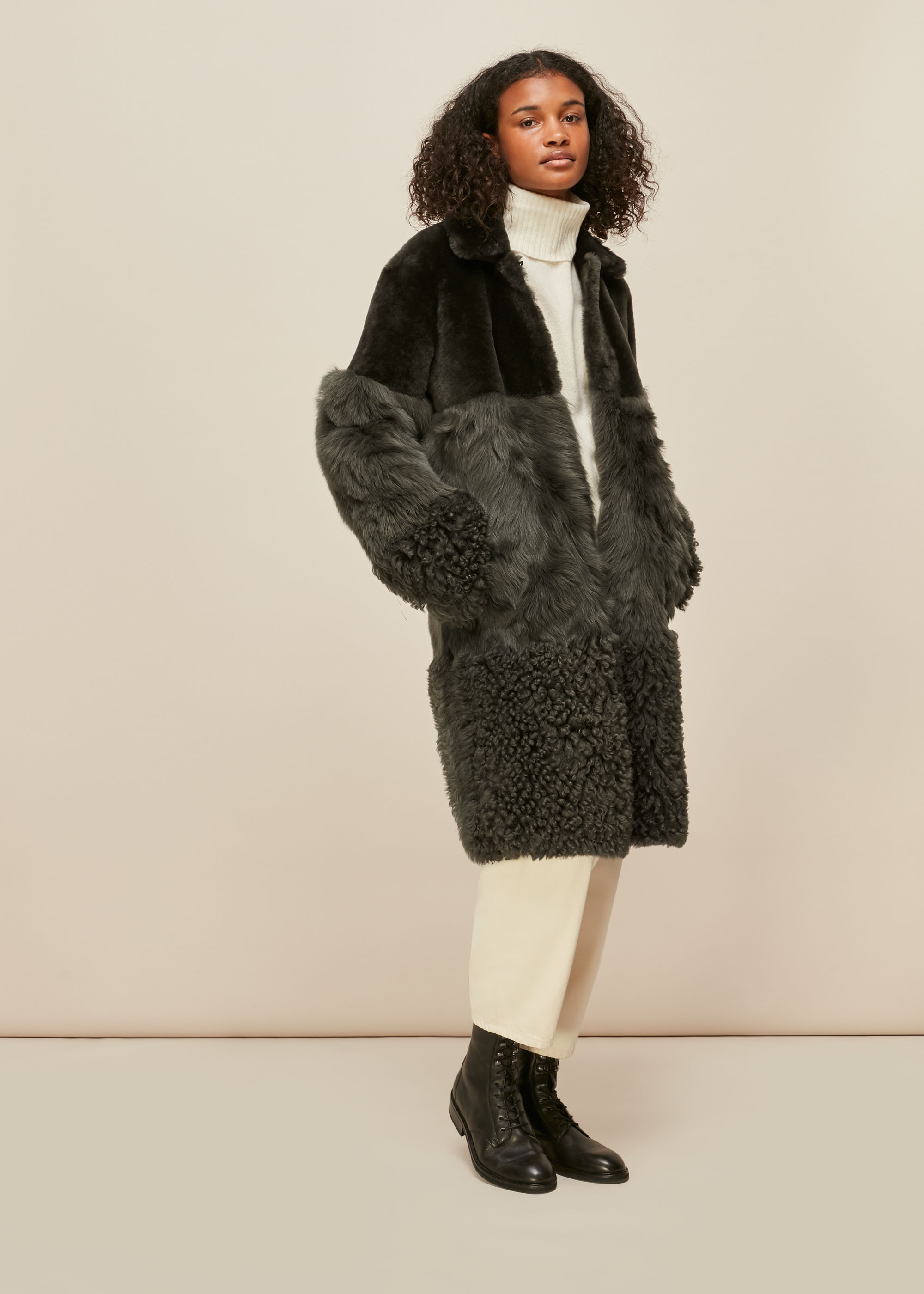 Whistles Women's Khaki Cosma Shearling Coat Size M/L
