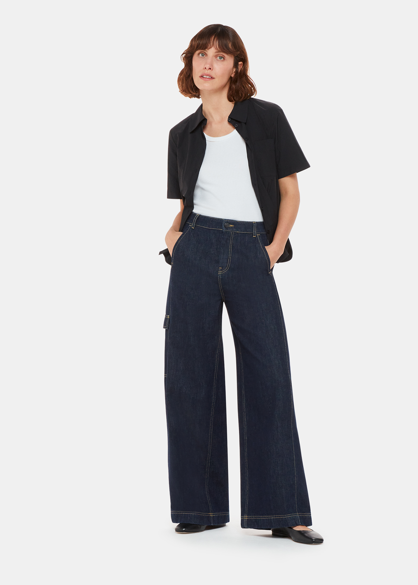 Whistles Women's Dark Denim Wide Leg Cargo Jean Size 28