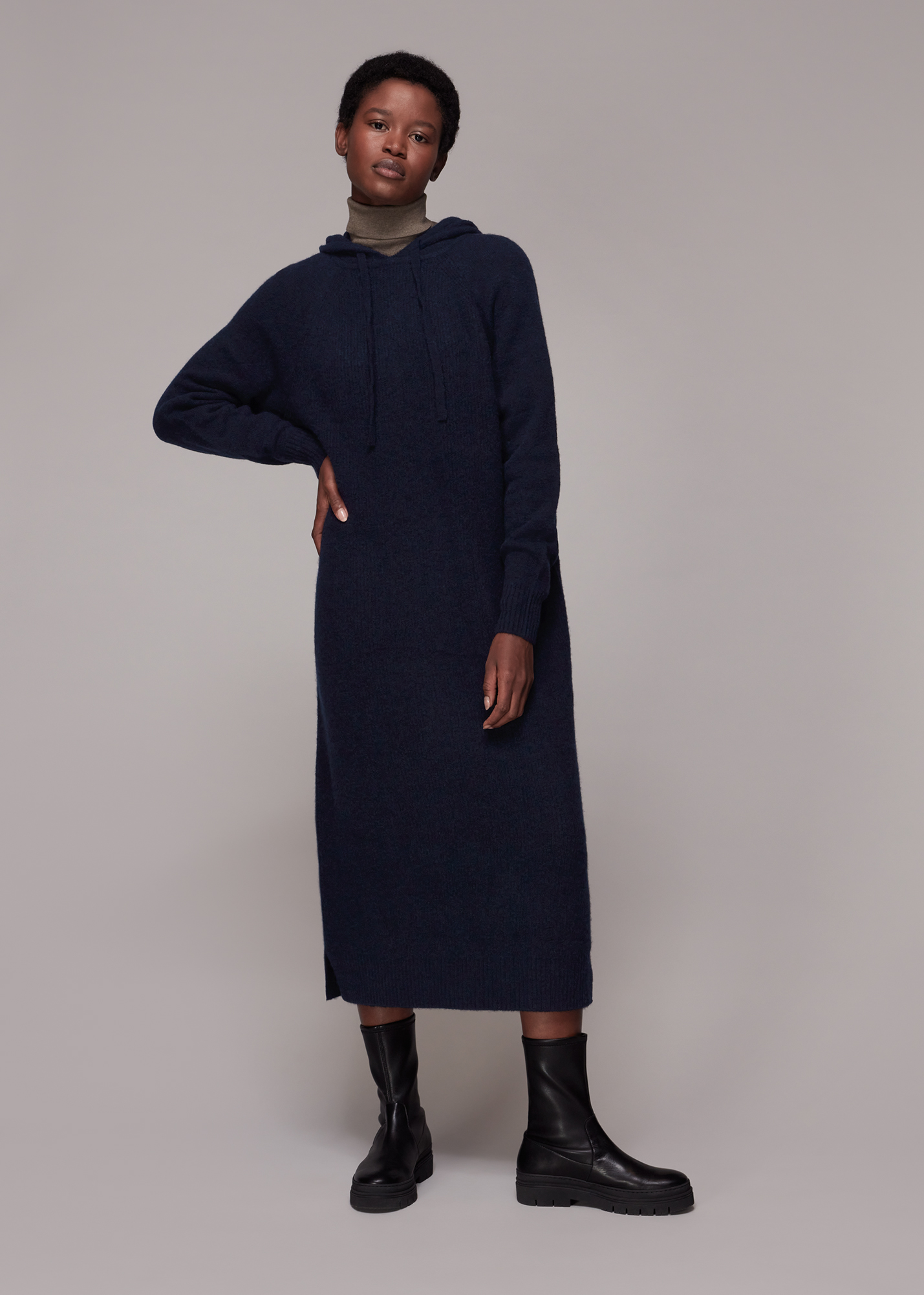 Whistles Women's Navy Knitted Hoodie Dress Size XS