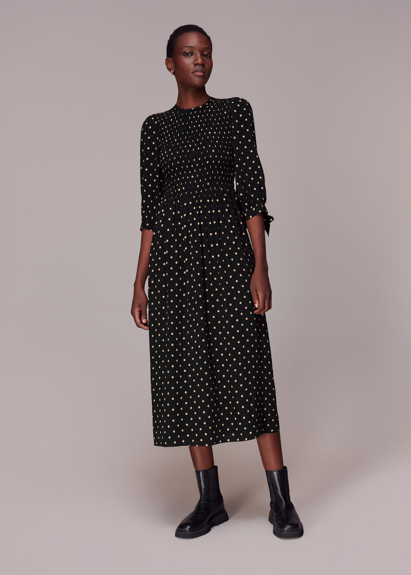 Whistles Women's Black/Multi Shirred Spot Midi Dress Size 6